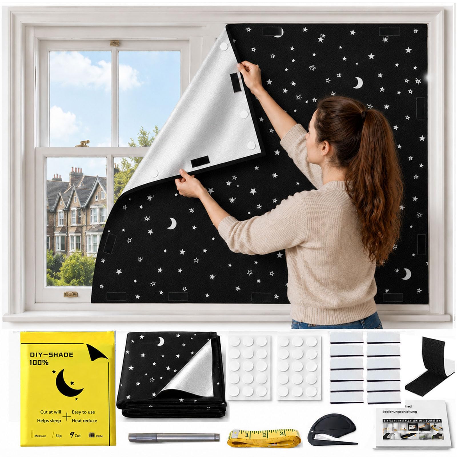 EXGOING Star Moon Blackout Blind Stick On No Drill Window Cover 145x200cm