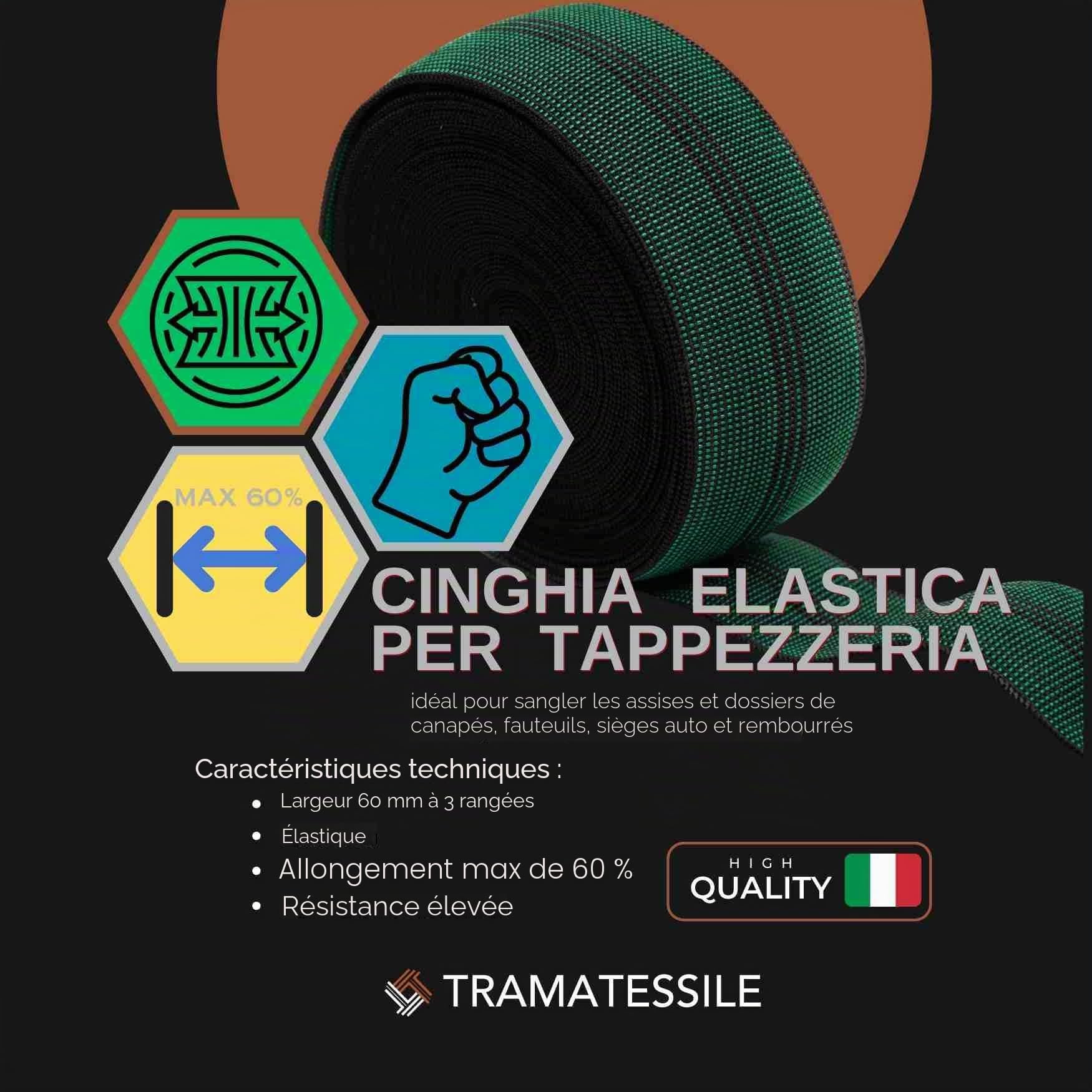TRAMATESSILE Sangle élastique pour Tapisserie Large 60 mm (10 mètres)