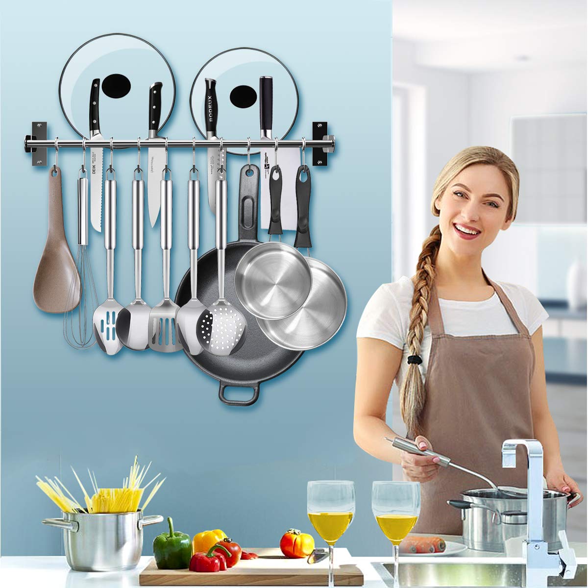 Appendiabiti da cucina, 12 ganci con adesivi magici, senza foratura, doppio tubo in acciaio inox, lunghezza estensibile da 40 cm a 72,4 cm (12 ganci)
