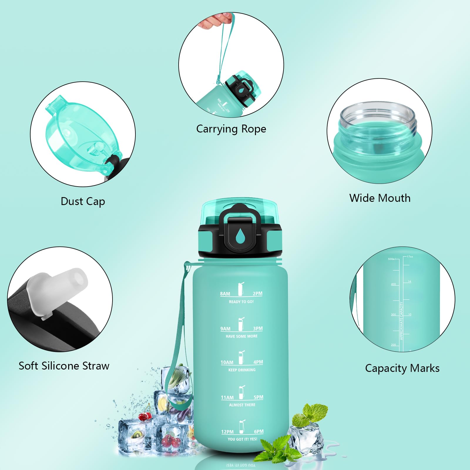 Gourde 500ml Anti Fuite, Gourde Motivation, Verrou de Sécurité, Bouteille d'eau avec Paille, Facile à Nettoyer, Gourdes avec Marqueur de Temps pour École, Velo, Cyclisme - 3