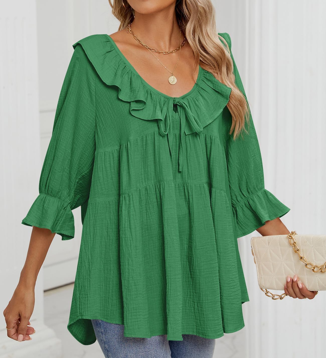 ZESICA Womens Scoop Neck 3/4 Length Sleeve Tops 2026 Casual Tie Front Ruffle Tiered Loose Tunic Shirts Blouses Fall Outfits - Image 9