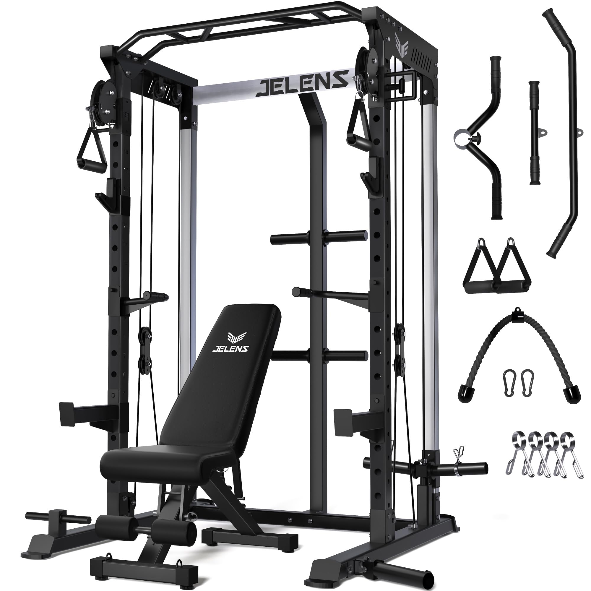 JELENS C21 Power Cage, 2000LBS Multi-Function Power Rack with Independent Dual Pulley System, All-in-One Squat Rack for Cable Crossover, Home Gym Workout Machine
