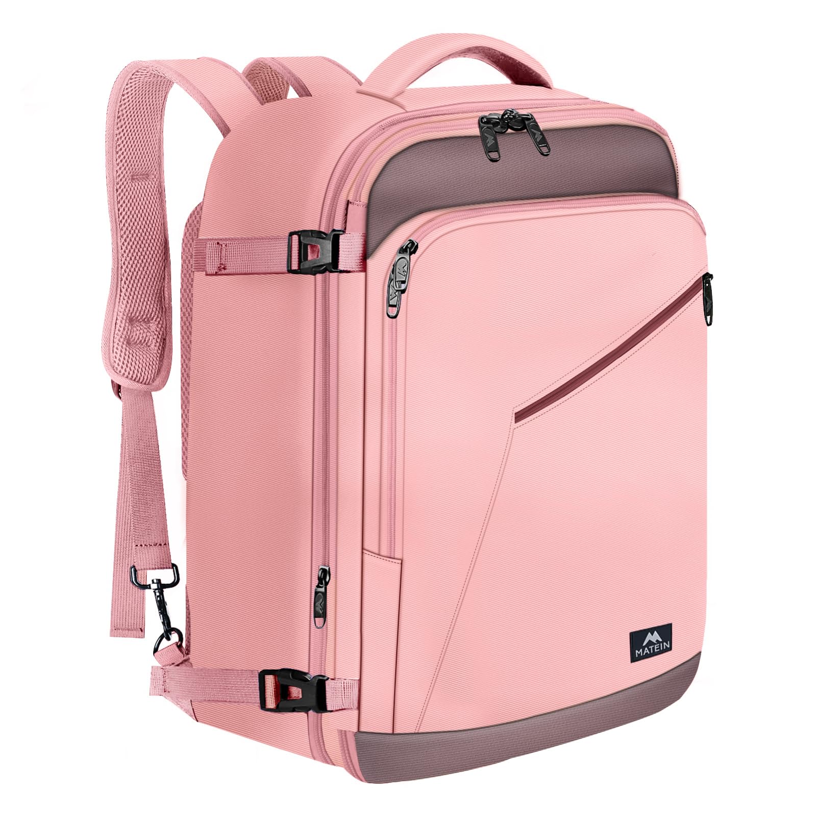 MATEIN Groß Rucksack Herren 50L, Air France Travel Backpack Erweiterbar Arbeitsrucksack Wasserabweisend Reiserucksack 55x35x25cm Carry-On Damen Cabin Bag Tagesrucksack für Bussiness, Rosa Grau