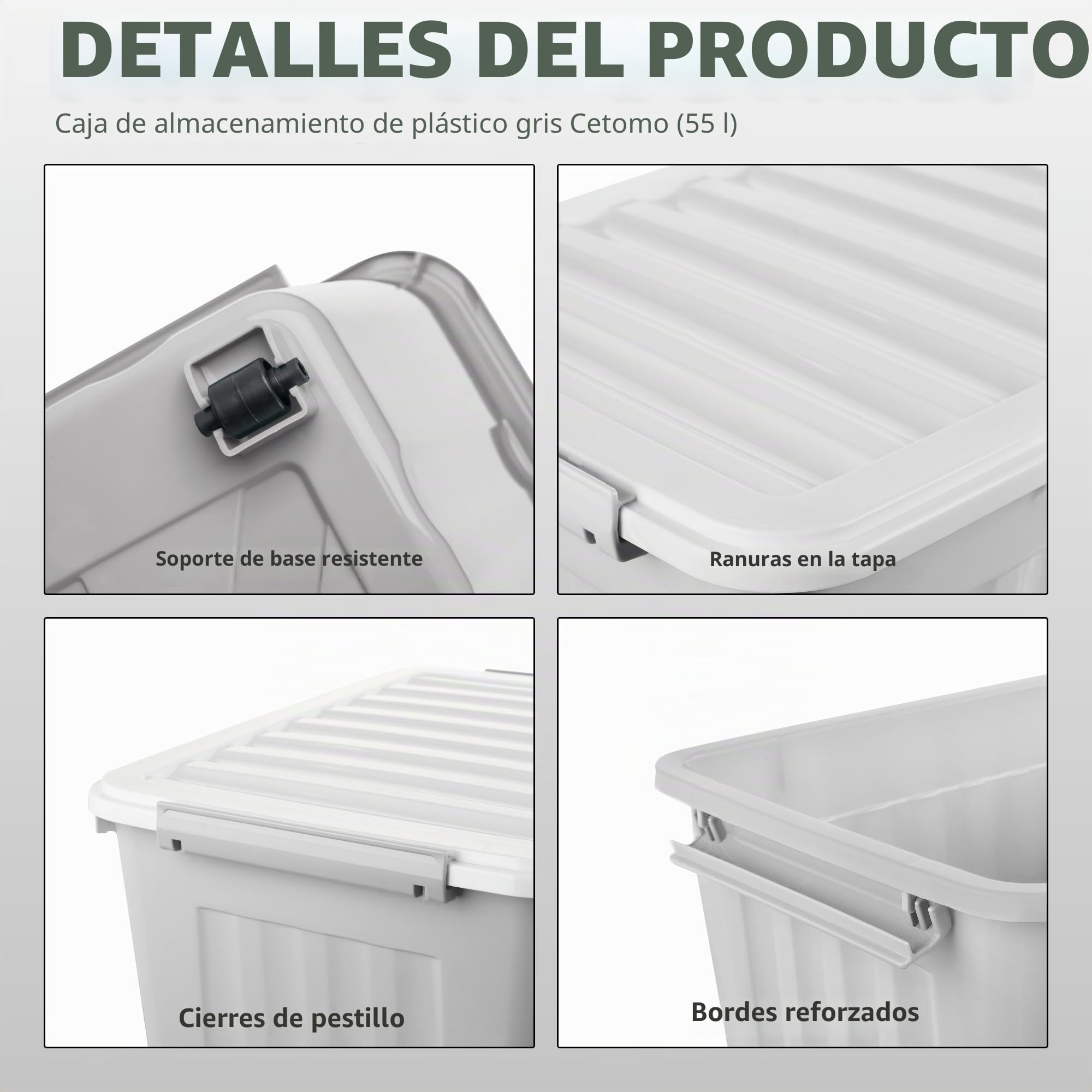 Cetomo 55L*6 Cajas de Almacenamiento con Tapas, Contenedores de Plástico con Ruedas, Clip On, Apilables, Encajables, Organizador Rayado para Oficina en Casa, Gris, 55L-6 Pack