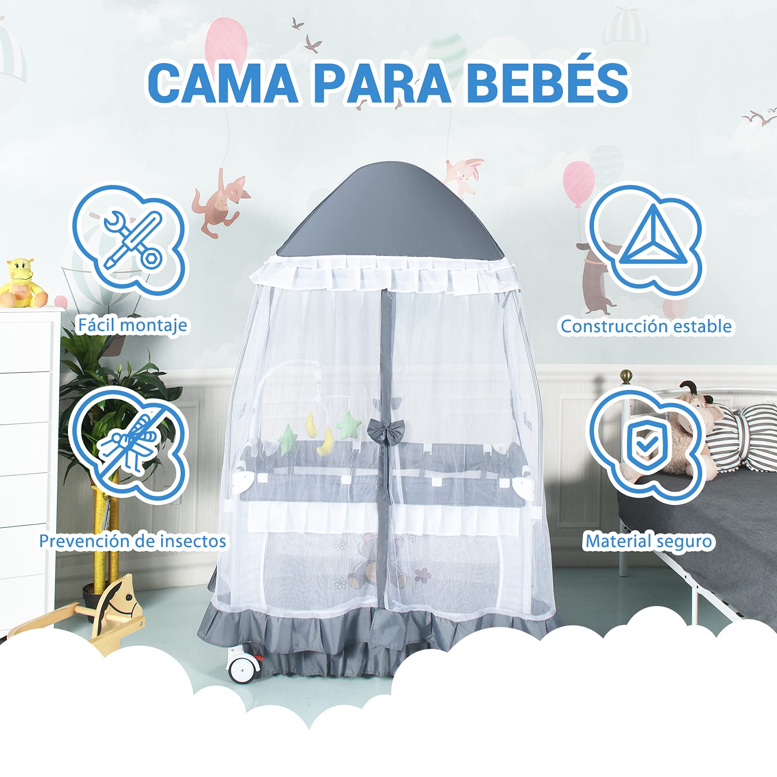 GOPLUS Cuna de Viaje Plegable, Cuna Bebe Portátil con Juguetes & Mosquitera & Música, Cuna para Bebé con Cambiador Desmontable, Cuna Convertible con Bolsa de Transporte, para 0-36 Meses (Gris) (Gris)