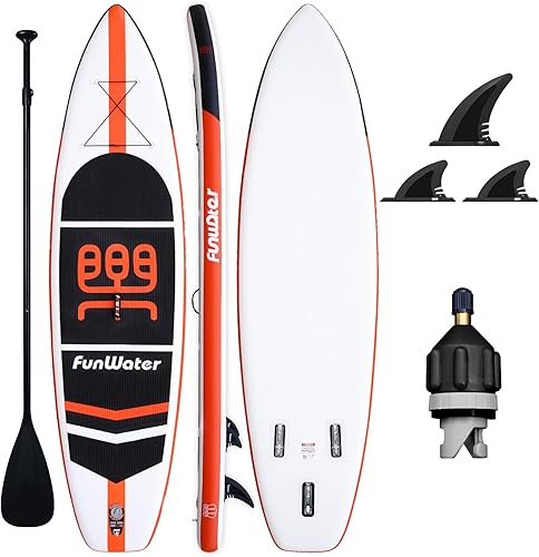 FunWater Stand Up, tabla de Paddle inflable de 11 x 33 x 6 pulgadas, ultra liviana (20.4 libras) con accesorios ISUP, 3 aletas, remo ajustable,