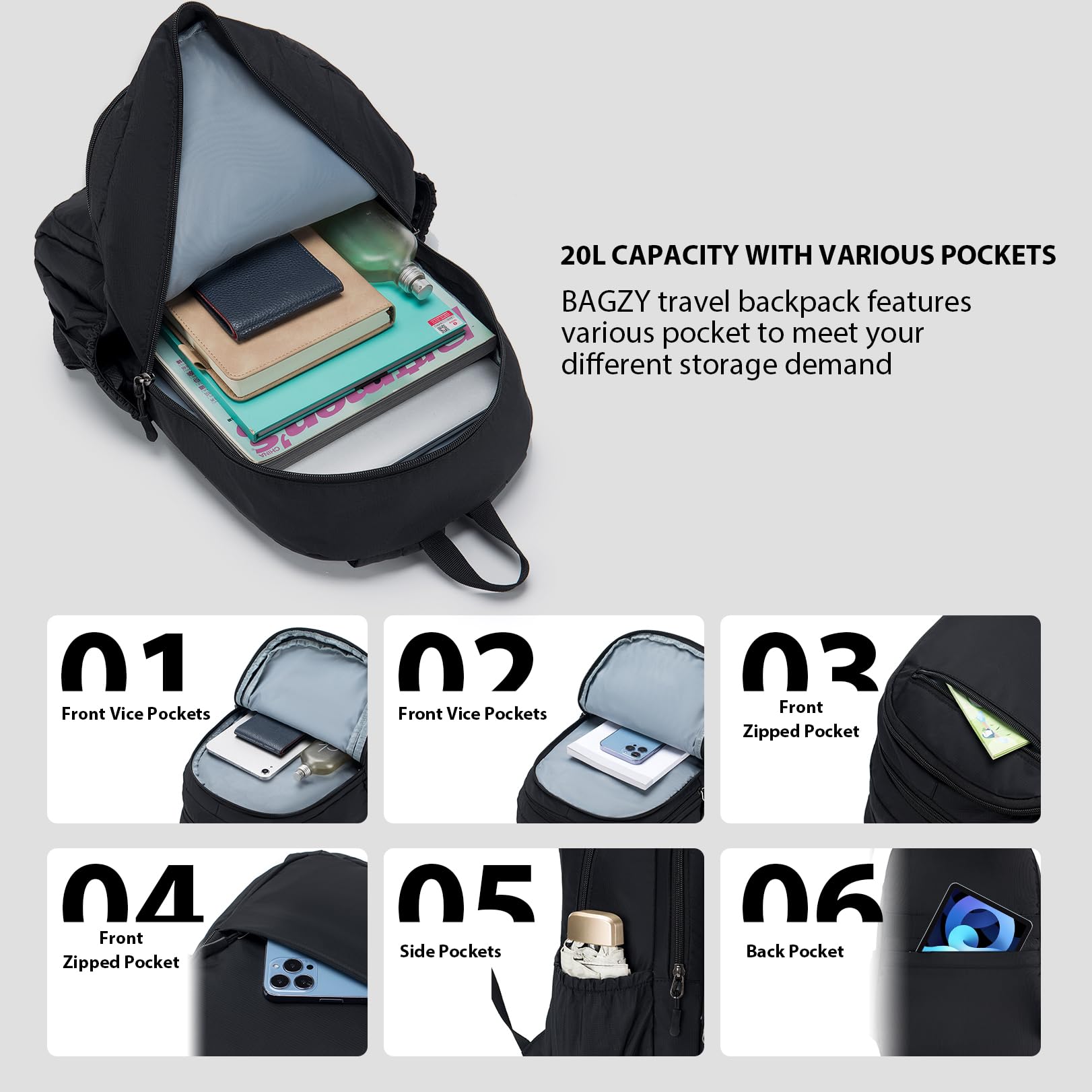 BAGZY Zaino Ryanair 40x20x25, Leggero Zaino da Viaggio Zaino Bagaglio a Mano Impermeabile Zaino Lavoro Zaino per Aereo Zaino Università