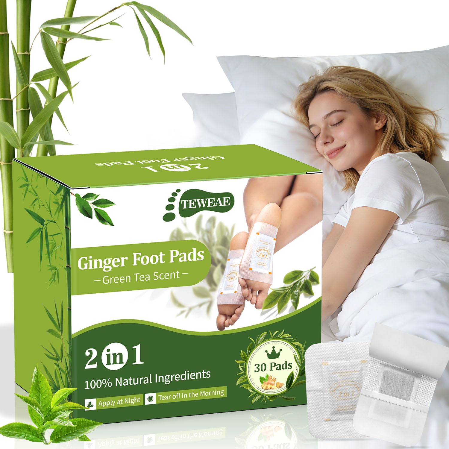Green Tea Bamboo Vinegar Foot Pads with Ginger, 2 in 1 Design Premium Herbal Foot Care Patches. Use During Sleep. for Tired Feet, Stress &amp; Fatigue Relief, for Better Sleep, Feel Better, 30 Count