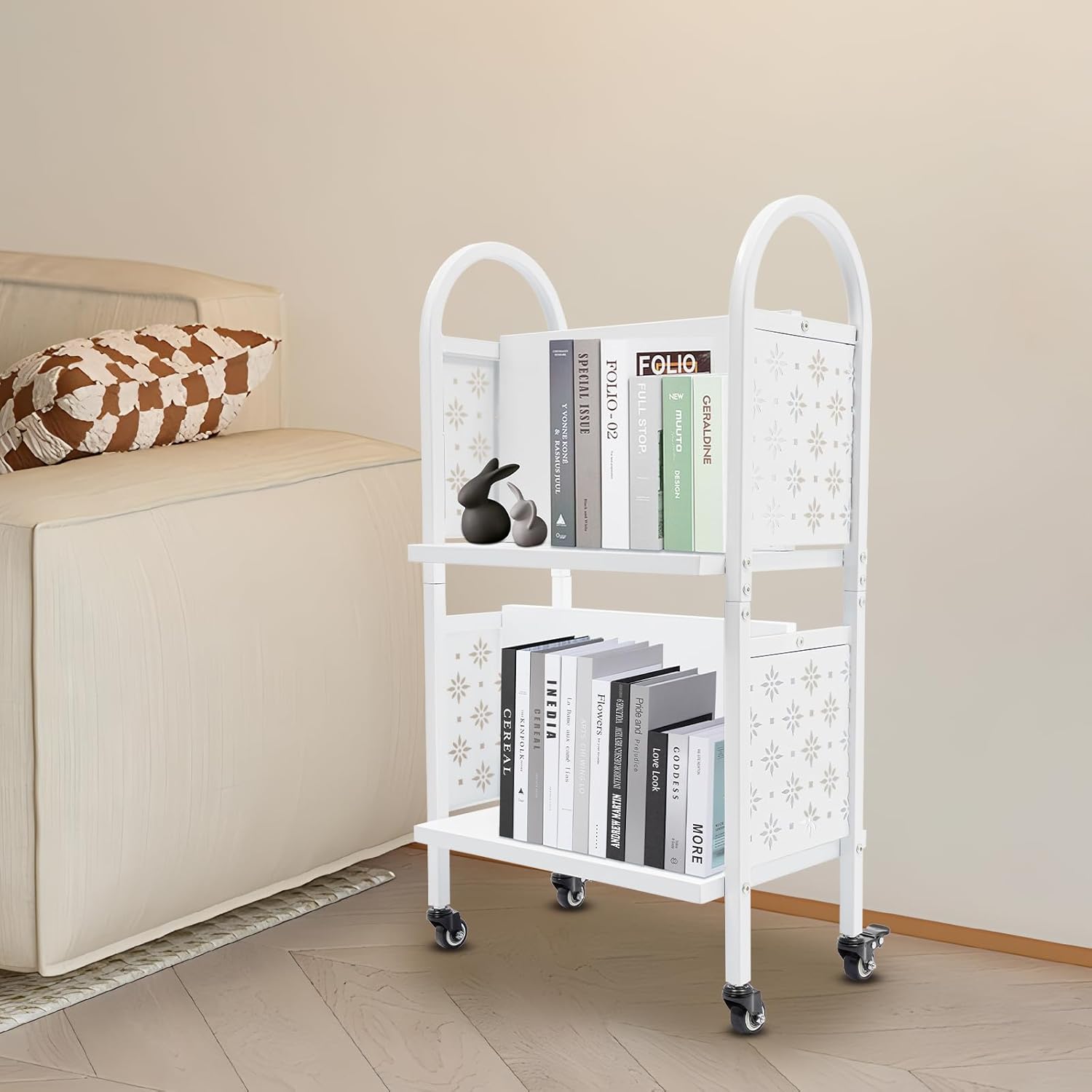 34in Tall Rolling Carts with 2 Tiers Bookshelf,Rolling Book Cart, Office Book Cart Moveable Book Organizer with 2 Lockable Wheels