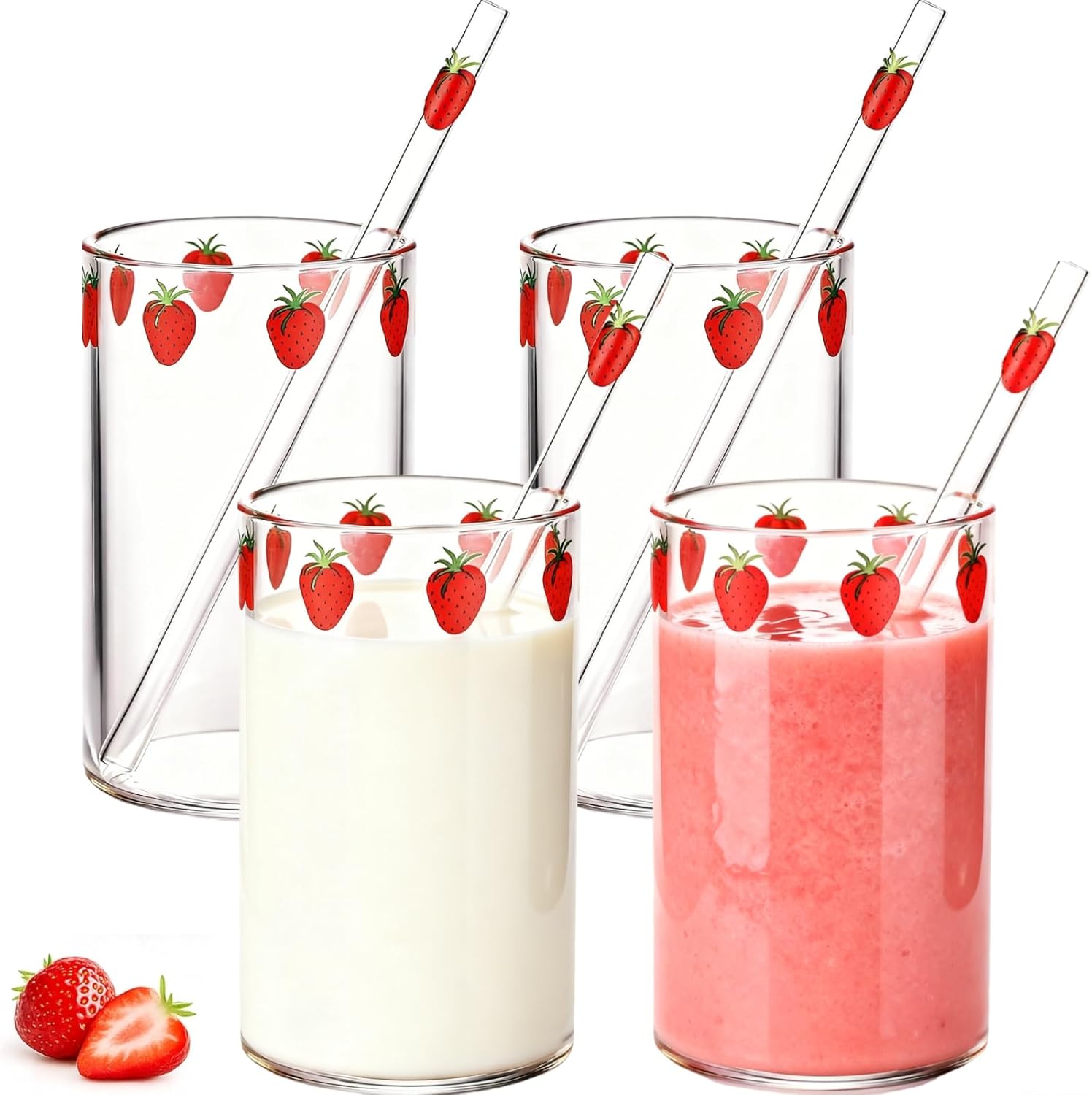 4 Sets Glass Cups, 10 Oz/300ml Cute Strawberry Cups with 4 Straws, Clear Thick Glass Tumbler Ice Coffee Cup, Lovely Girls Glasses Bottles Aesthetic for Juice, Milk, Tea, Christmas Gift