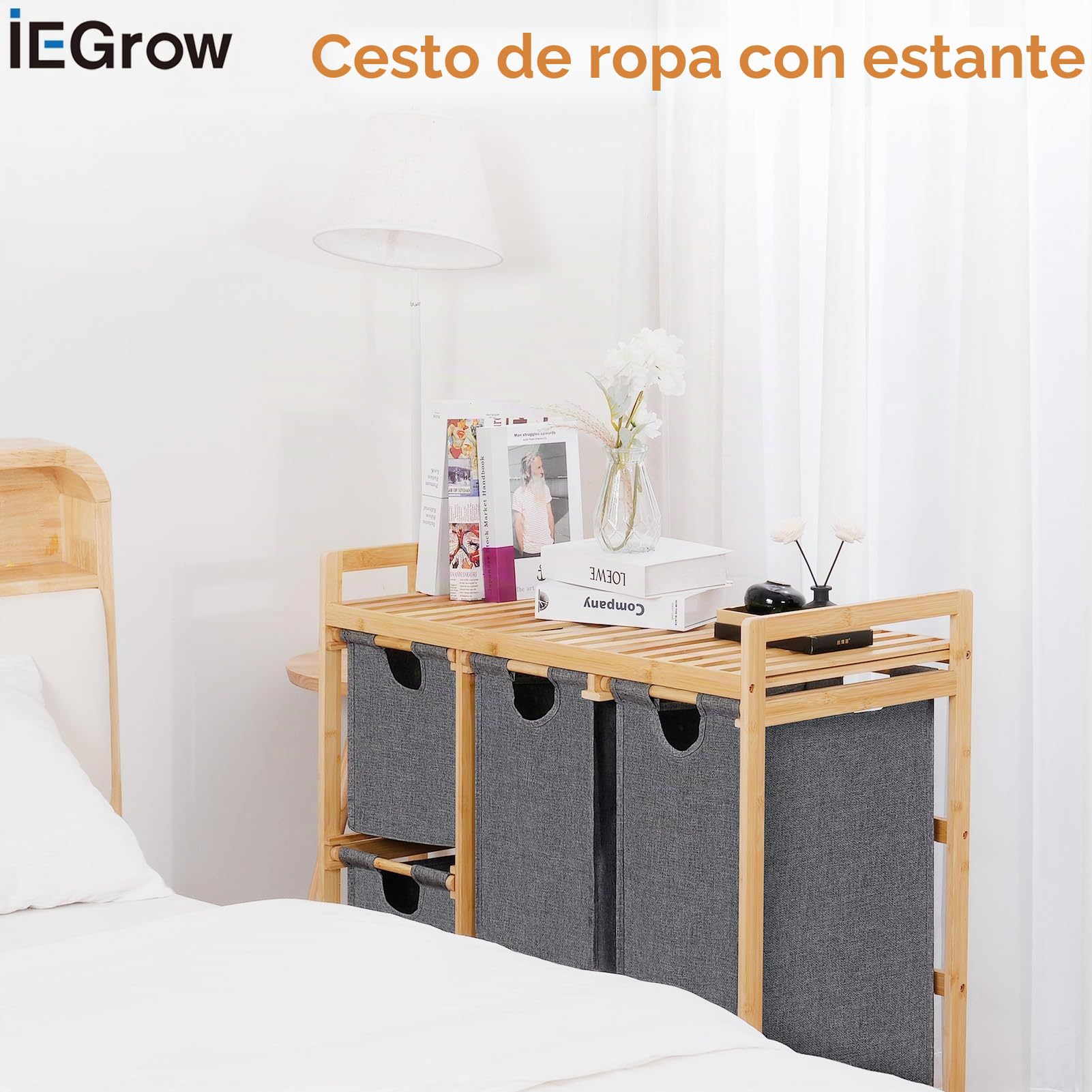 iEGrow Cesta de lavandería de 3 compartimentos con estante, cesta de bambú con ruedas, 3 bolsas de lavandería extraíbles de 50 L, organizador de lavandería gris, cesta de lavandería de 3 secciones