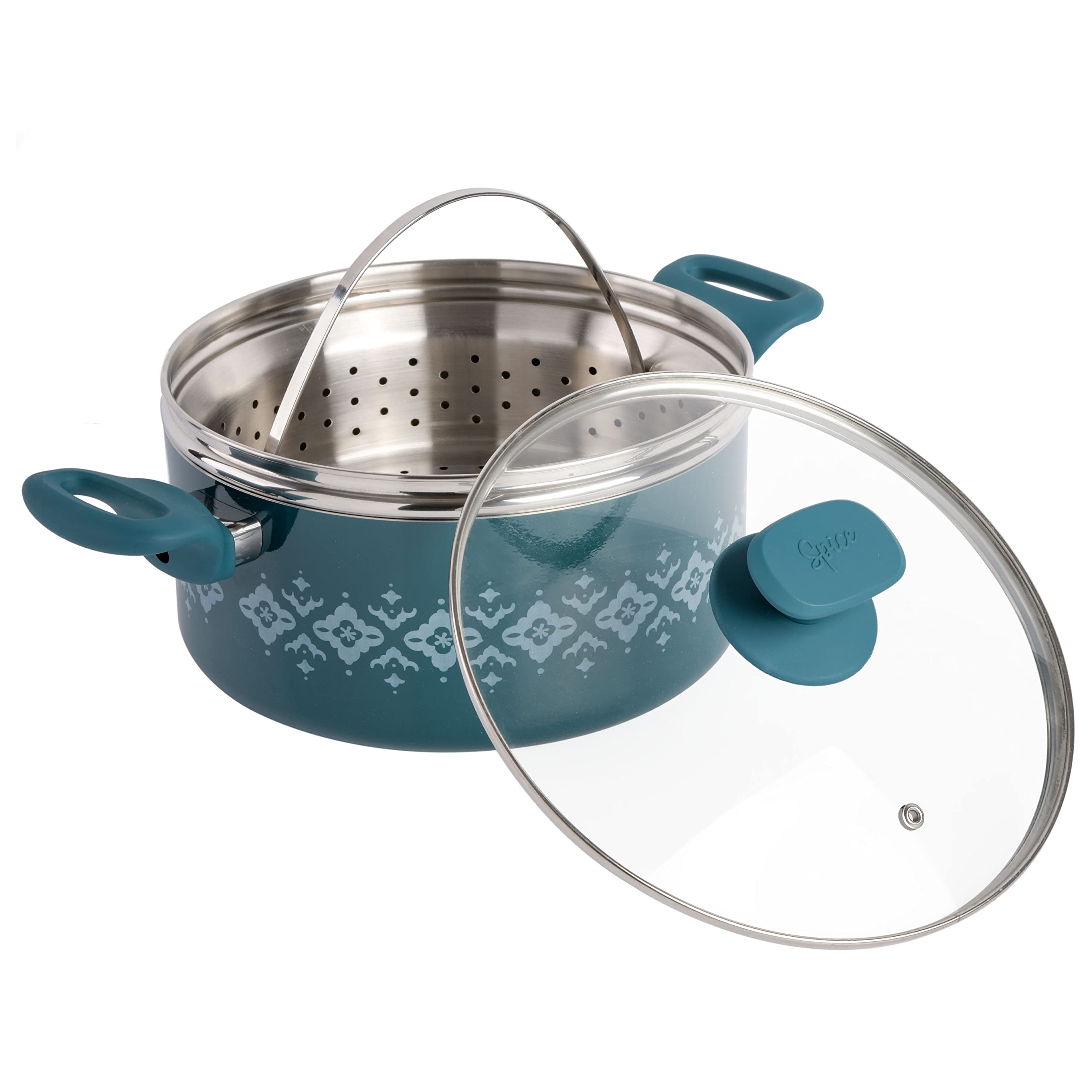 Spice by Tia Mowry Savory Saffron 5 QT Healthy Nonstick Ceramic Dutch Oven W/ Stainless Steel Steamer Insert and Lid - Teal