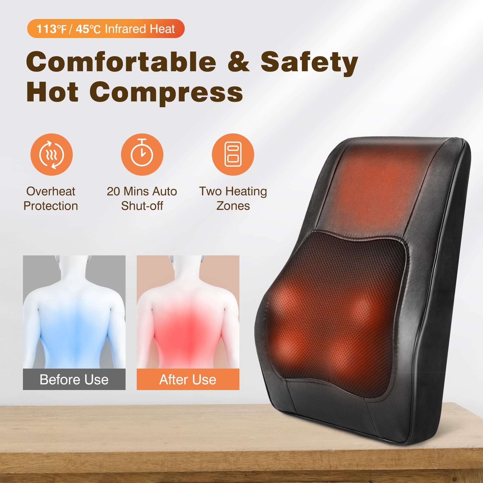 Careboda Masajeador Espalda con Calor, 3 Velocidades Eléctrico Shiatsu Almohada Masaje Cervical, Cojin Masajeador Cuello y Hombros para Hogar Oficina, de Tejido Profundo Función de Calefacción