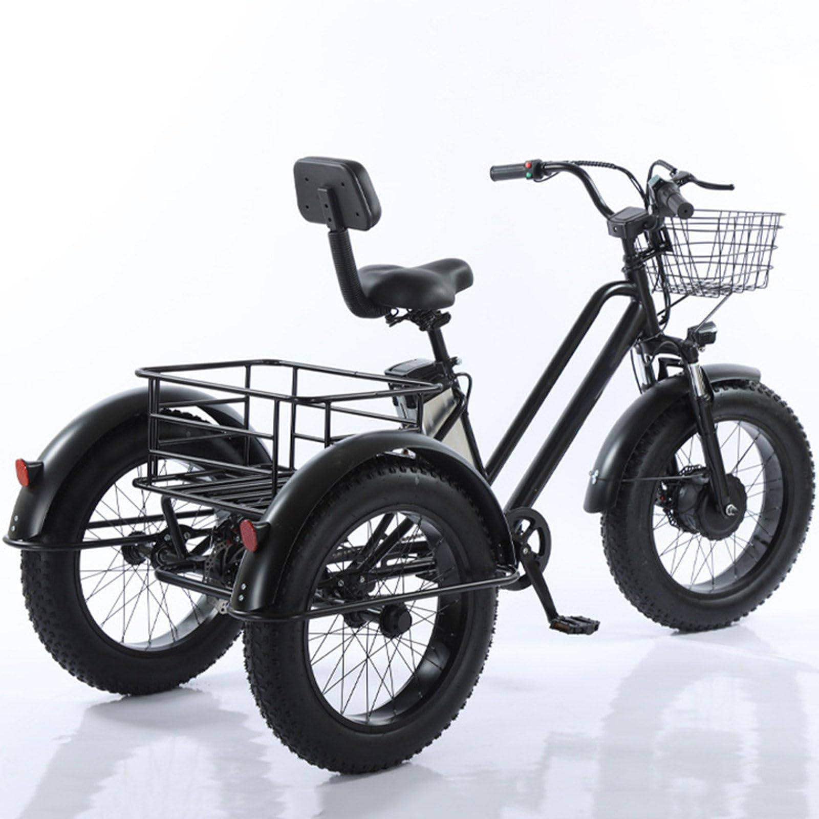Tricycle électrique adulte à trois roues - Batterie amovible 48 V/12 Ah, vélo cargo électrique 20 pouces, pneus larges, autonomie de 35 km, idéal pour les courses et les pique-niques, charge maximal