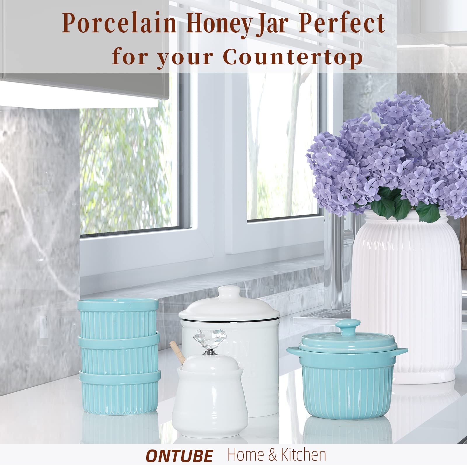 ONTUBE Ceramic Honey Pot With Dipper And Round Crystal Lid, Honey Jar Container Dispenser For Home Kitchen, 12oz (Silver) In Kenya | Honey Jars - View #9