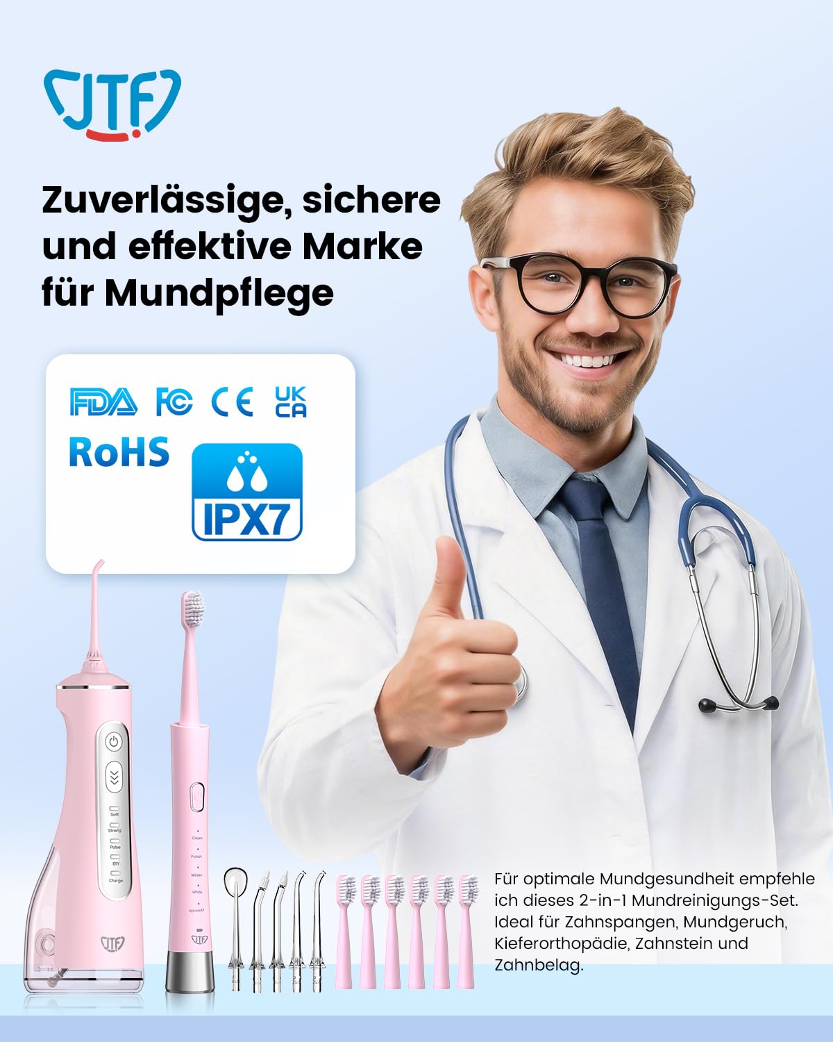 JTF Spazzolino elettrico e idropulsore 2 in 1, set per la cura dei denti – Spazzolino sonico 5 modalità e idropulsore 3+ modalità fai da te, 5 ugelli + 6 testine per spazzola, apparecchi dentali e
