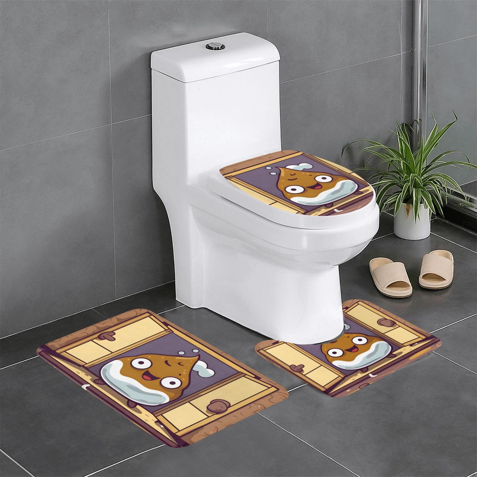 Tapis de salle de bain Funny Poop ensemble de 3 pièces rectangulaire ovale et contour WC