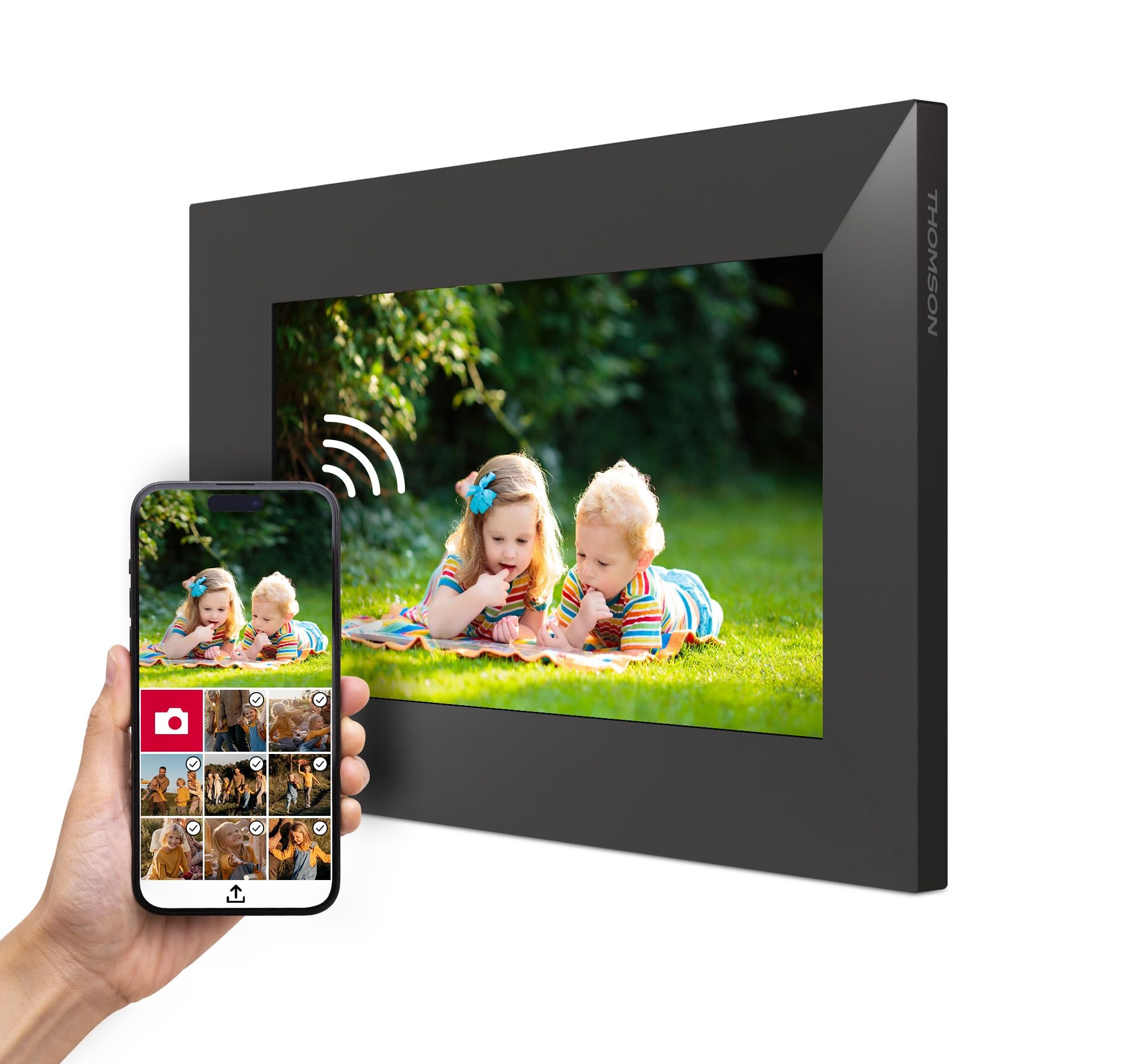 Thomson Cornice Digitale 7 Pollici, Schermo IPS, Touchscreen HD, WLAN, Condivisione Diretta tramite App, Funzioni Smart, Cornice Fotografica Elettronica con 32 GB di Memoria, Rotazione Automatica
