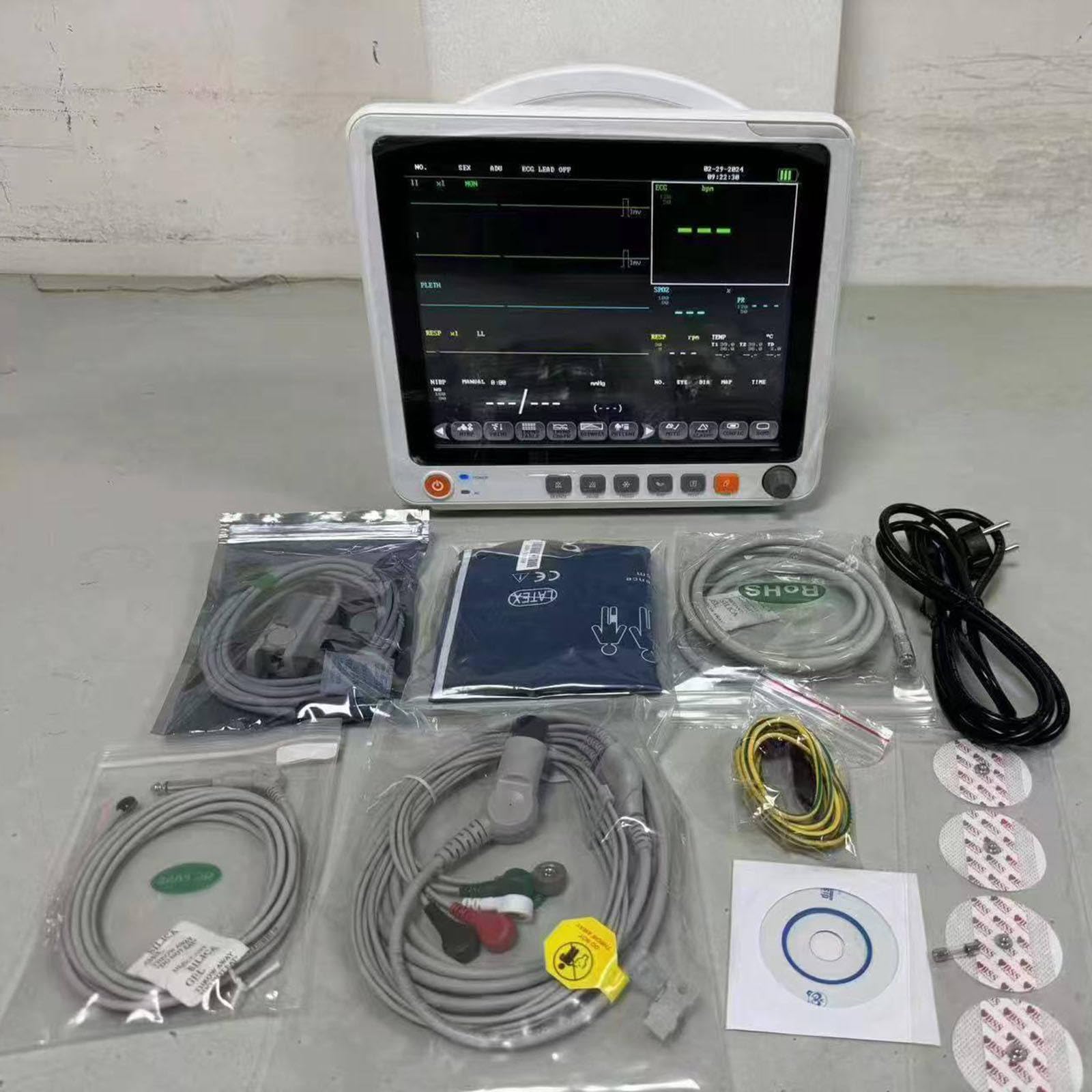 Wieloparametrowy Monitor Pacjenta, Elektrokardiograf, Monitor Ekg Z 12-Calowym Ekranem Dotykowym, 3 Tryby Pracy,Ekg, Parametry życiowe, Oddychanie, Tlen We Krwi, Monitorowanie Ciśnienia Krwi