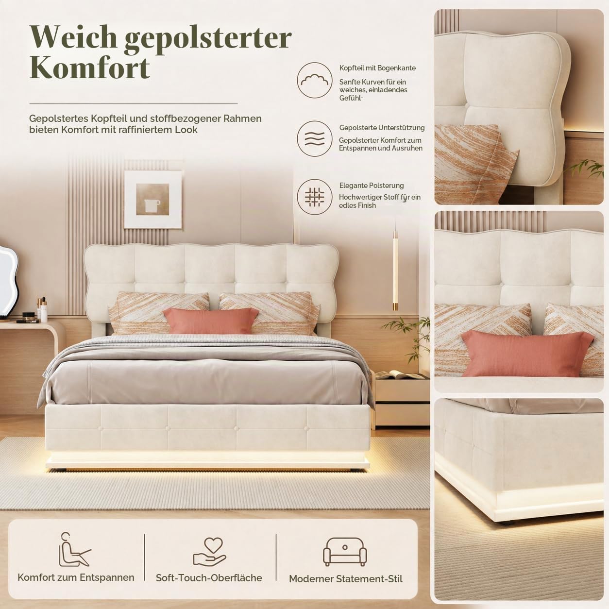 Polsterbett 140x200 cm, LED Bett mit Stauraum & Lattenrost, Doppelbett mit Gepolstertem Kopfteil, Seniorenbett Jugendbett Mädchen Bett, Hydraulisch Stauraumbett, Samt(Beige, 140X200 cm)