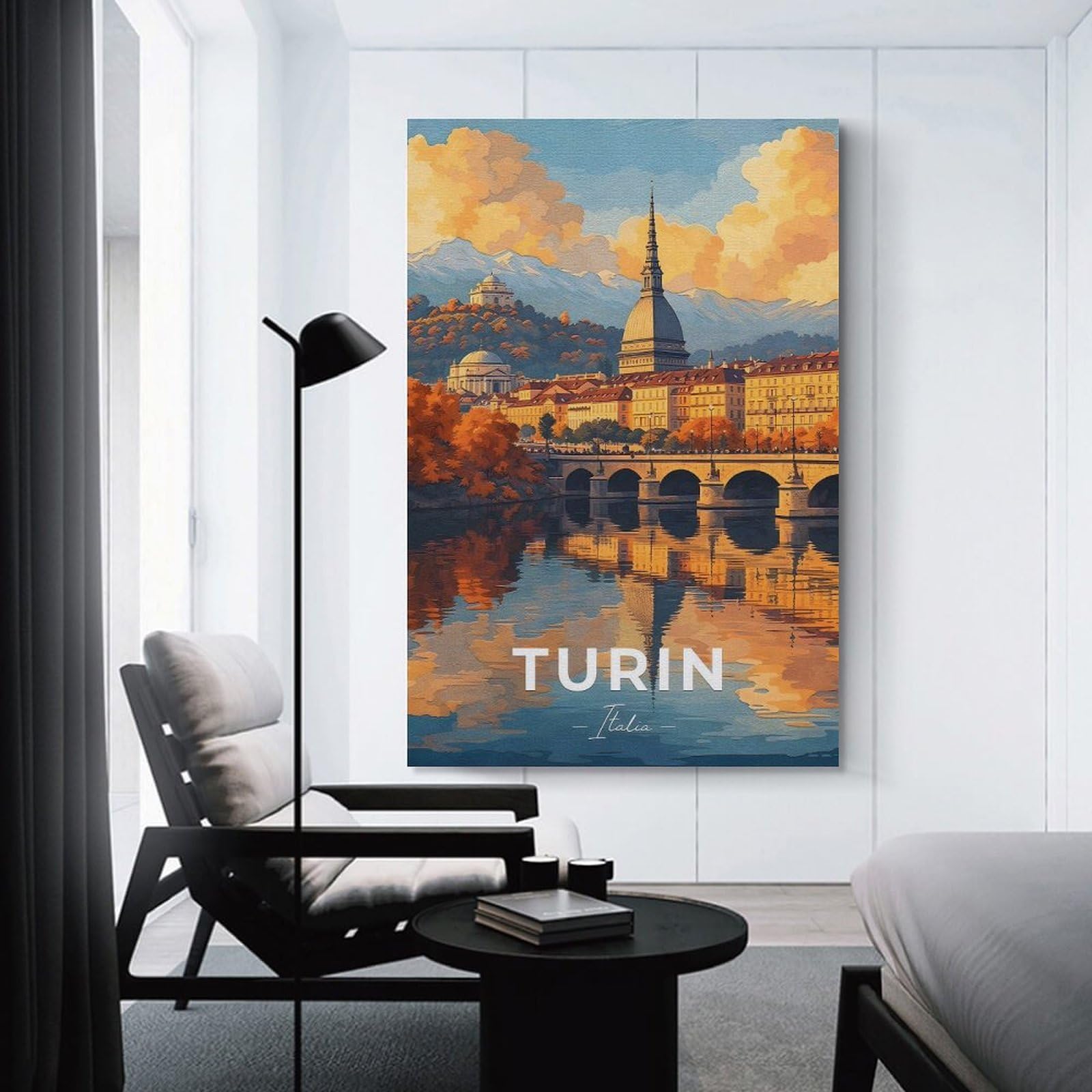 Junmoney Turin, Italy Cityscape with River Reflection Canvas Wall Decor, 24x36inch(60x90cm), for Apartment Walls, Studios Or Work Areas, Decorative Canvas Decor for Home Updates