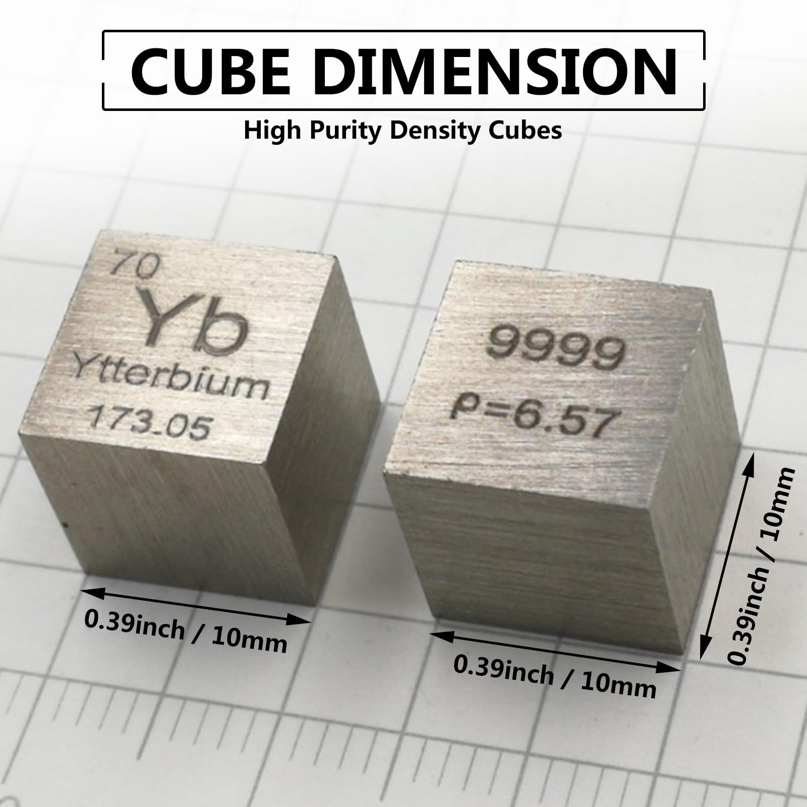 Ytterbium Cube - 10mm Pure Metal Element Cubes - Laser Engraved High Density Cube Set for a Periodic Table of Elements Collection,Ytterbium