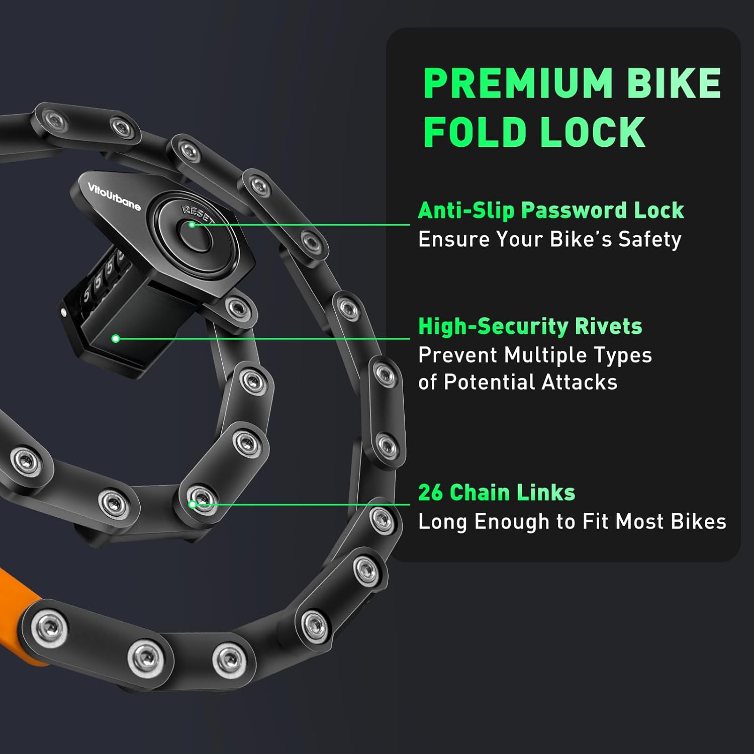 Electric Scooter Lock, Heavy Duty Folding Combination Bike Lock for E-Bikes | Keyless 4-digit folding chain lock with alloy steel links and bracket for bikes, e-bikes, scooters, mopeds, and motorcycles.