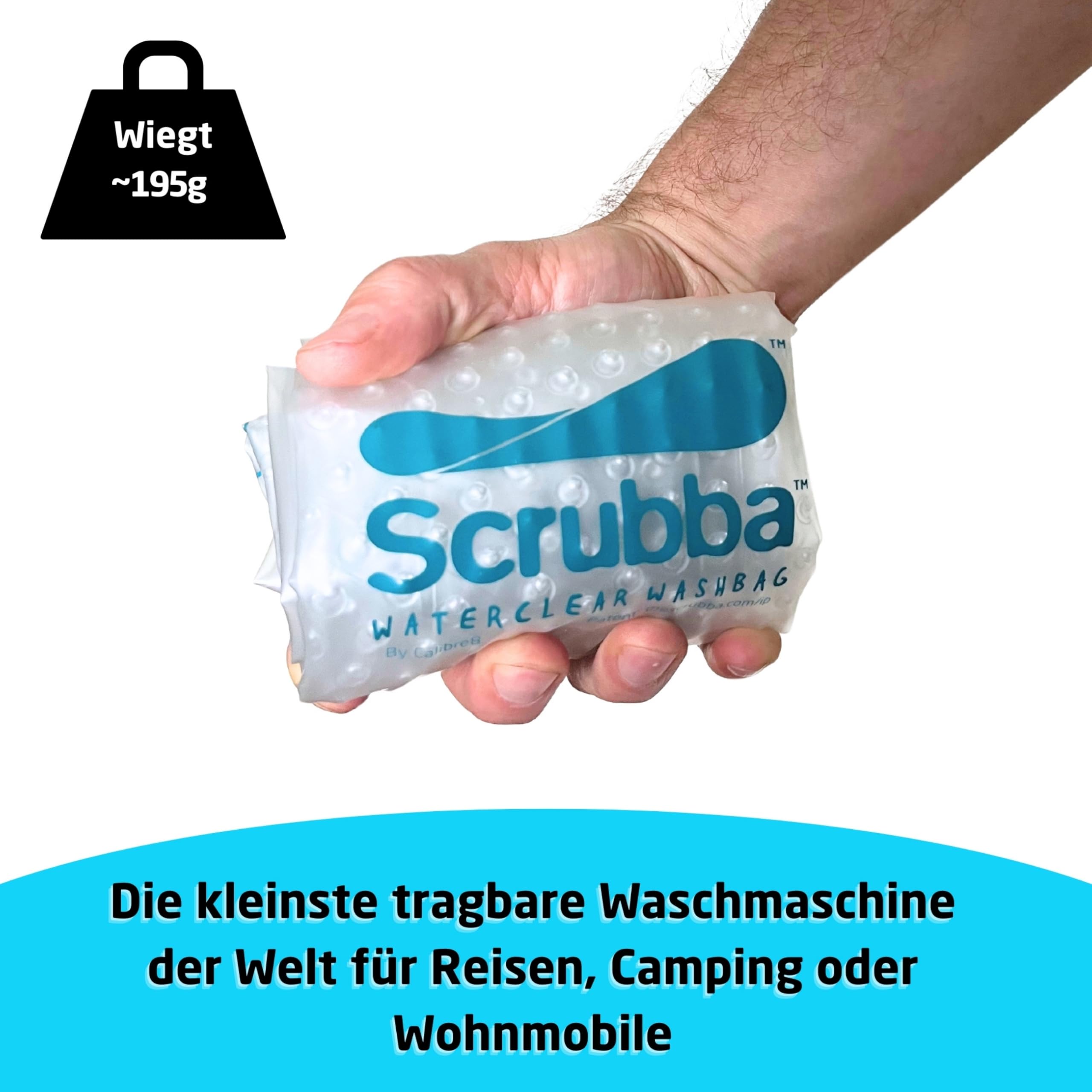 Scrubba WATERCLEAR Waschbeutel - Tragbare Waschmaschine mit breiter Einfüllöffnung - Für Camping, Hotels, Reisen & Babywäsche - Manuell, kompakt & leicht - Waschbeutel für unterwegs - 195g