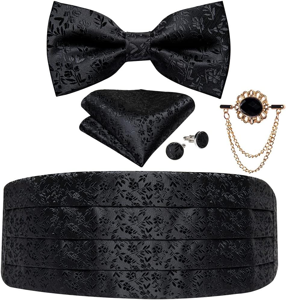 QUUL Black Floral Silk Wedding Men's Cummerbunds Bow Tie Brooch Set