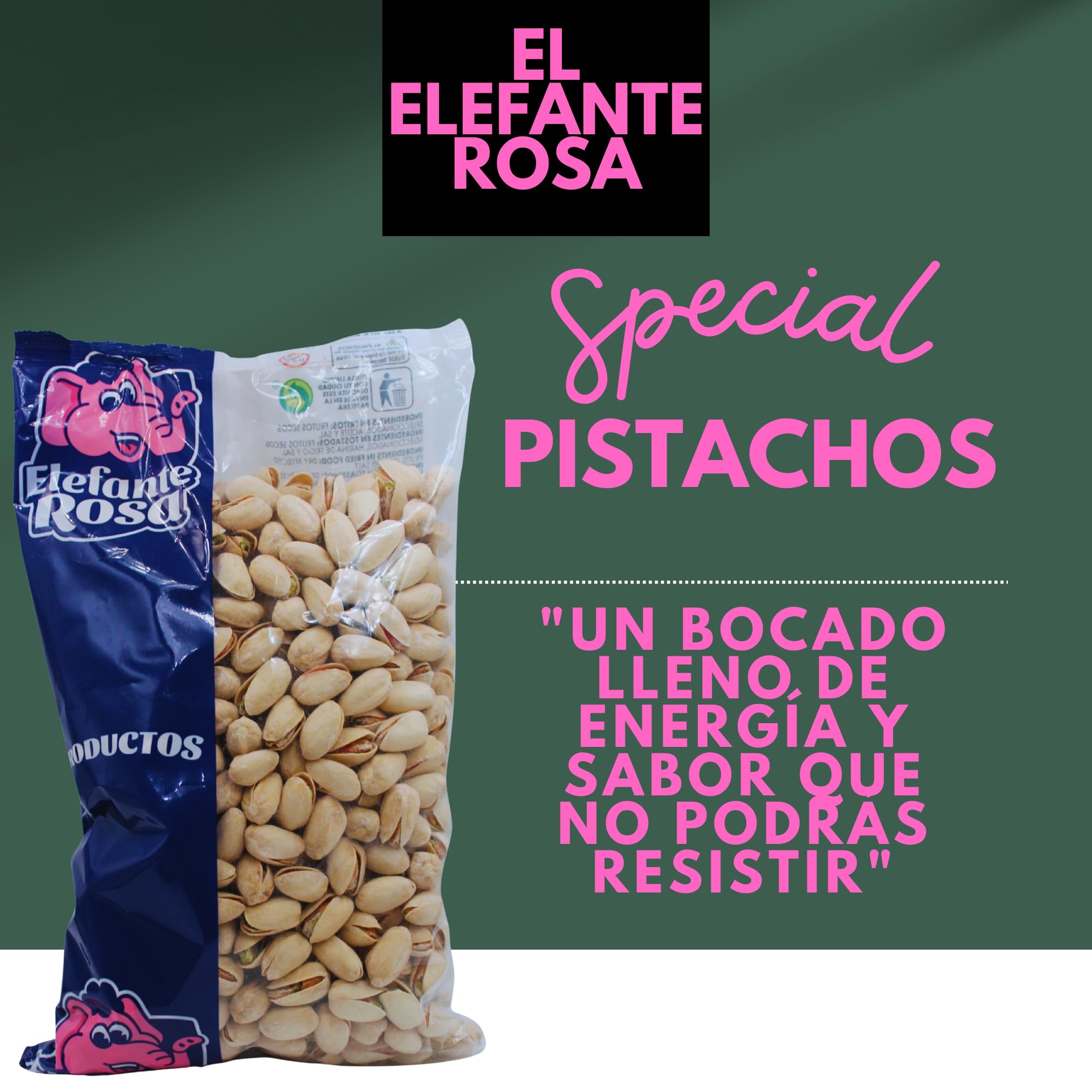 Pistachos Tostados con Sal Bolsa de 1 Kg - Elaborados por El Elefante Rosa Frutos Secos - Snack Saludable - Aperitivo Alto en Proteínas y Fibra - Ideal para Dietas Equilibradas - Pistachos Naturales