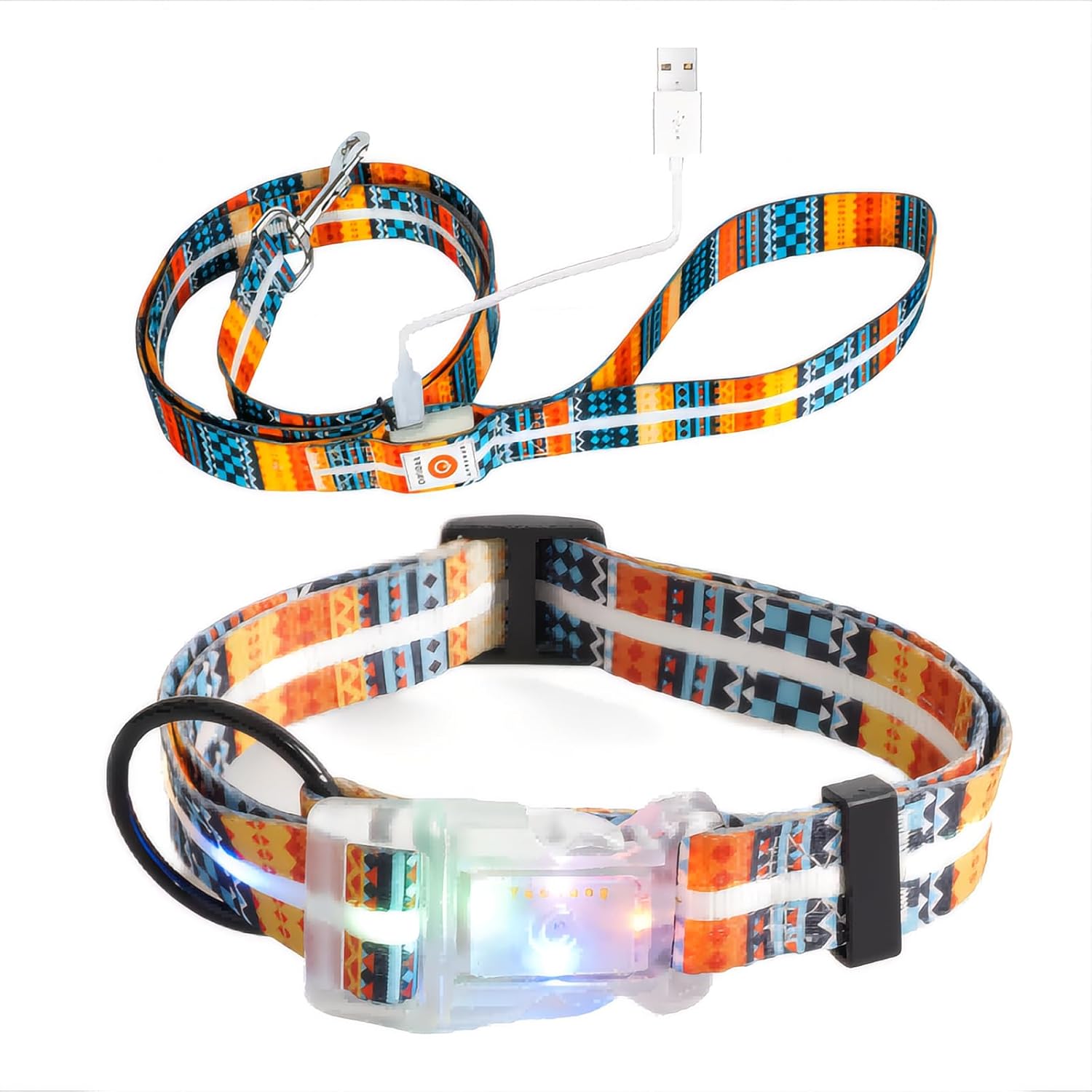 Light Up LED Dog Leash+LED Dog Collar Set USBRechargeable Waterproof,Colorful 3 Lighting Modes 5 Ft Glow Pet Leash for Small Medium Large Dogs Walking at Night(Bohemian Orange)