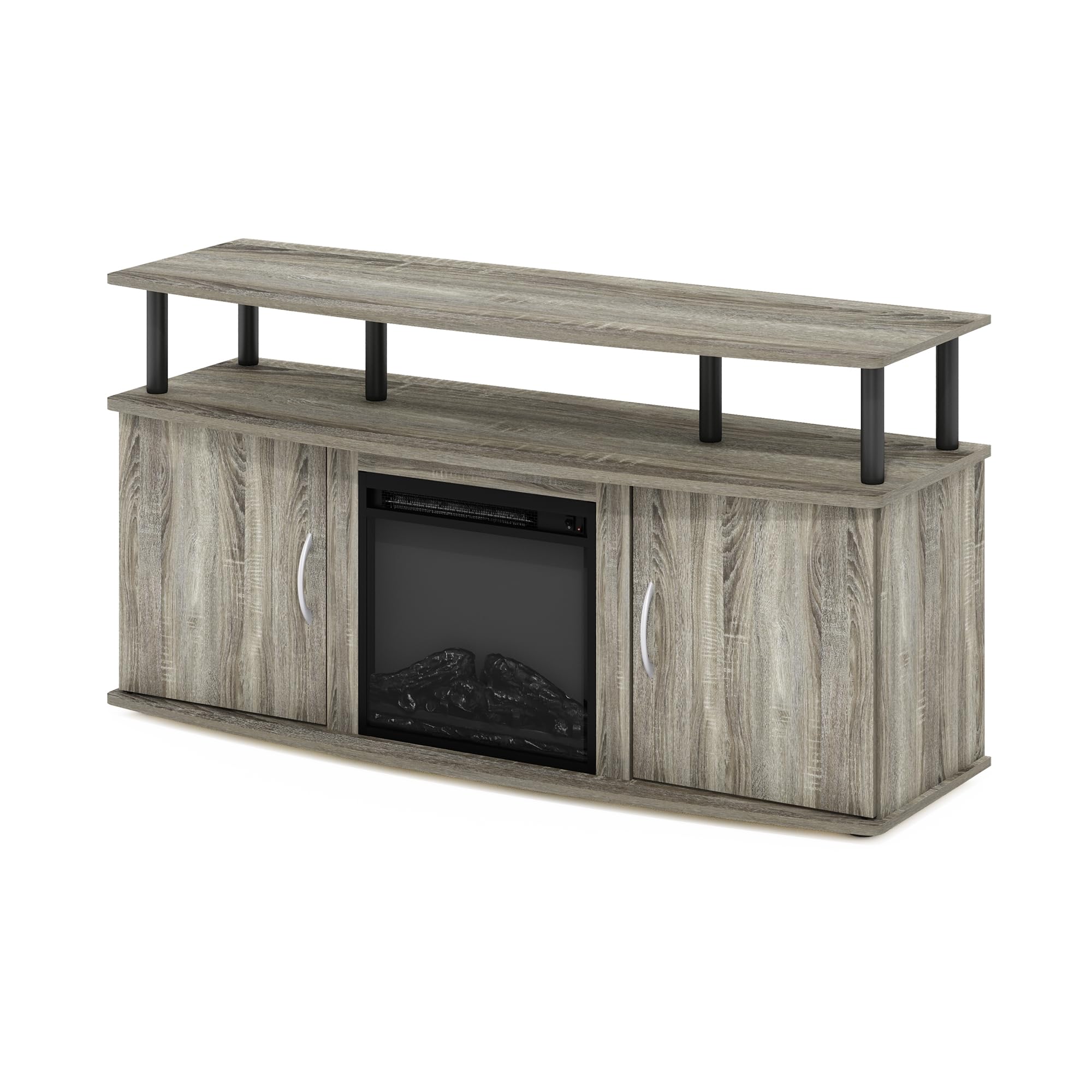 Furinno Jensen Kominek do salonu, centrum rozrywki z drzwiami, szafka do przechowywania telewizora do 140 cm, gł. x 110 cm (szer.) x 60 cm, francuski dąb szary/czarny