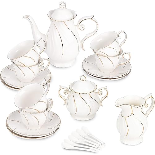 Agyiuns Tea Set 21-Piece Porcelain tea cups and saucers set of 6 with Sugar and Creamer Set & Teapot,teapot set for Adults, Women Tea Party,White (Tea Set 21pcs)