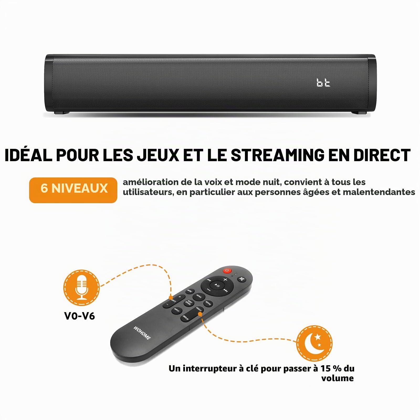Petites barres de son 2.1 canaux pour TV avec 6 niveaux d'amélioration de la voix, caisson de basses intégré, haut-parleurs de barre de son BT de 16 pouces avec connexion optique/AUX/USB, S100