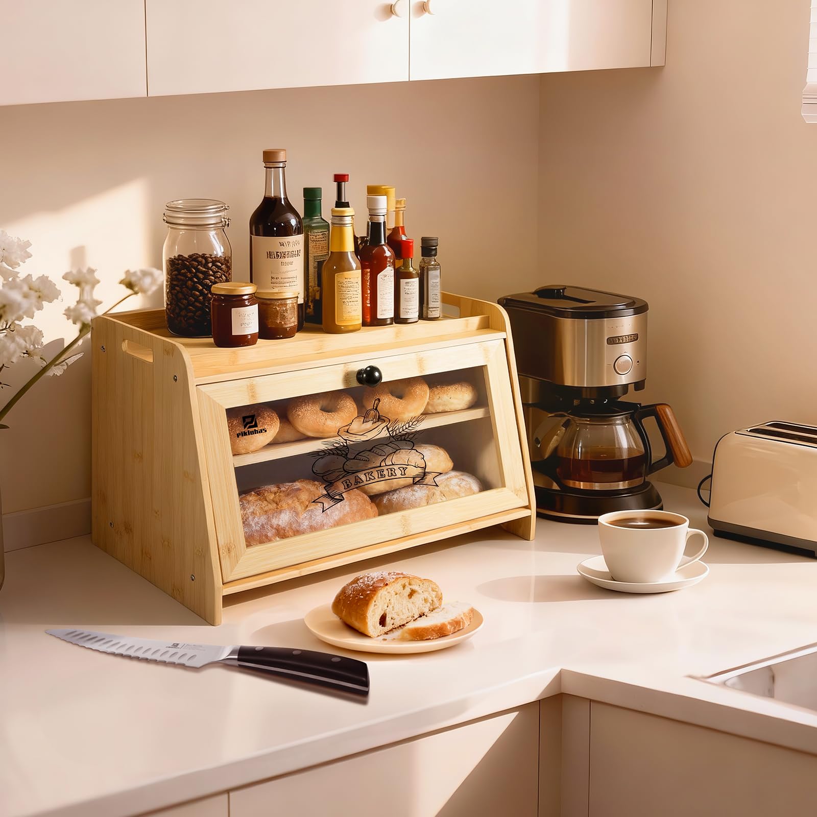 Piklohas Brotkasten für Küchenarbeitsplatte, Bambus Brotbox für Sauerteig mit Schneidebrett, multifunktioneller Brotaufbewahrung mit Sichtfenster, wandmontierbar, FSC-zertifiziert