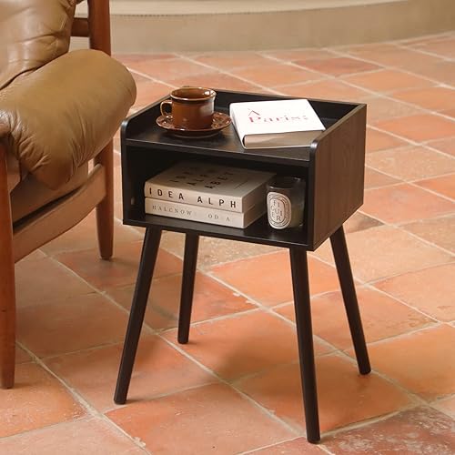 Miniatura 37 de MaxSmeo Mesita de noche, moderna de mediados de siglo, mesa auxiliar para dormitorio con almacenamiento, mesita de noche pequeña con patas de madera