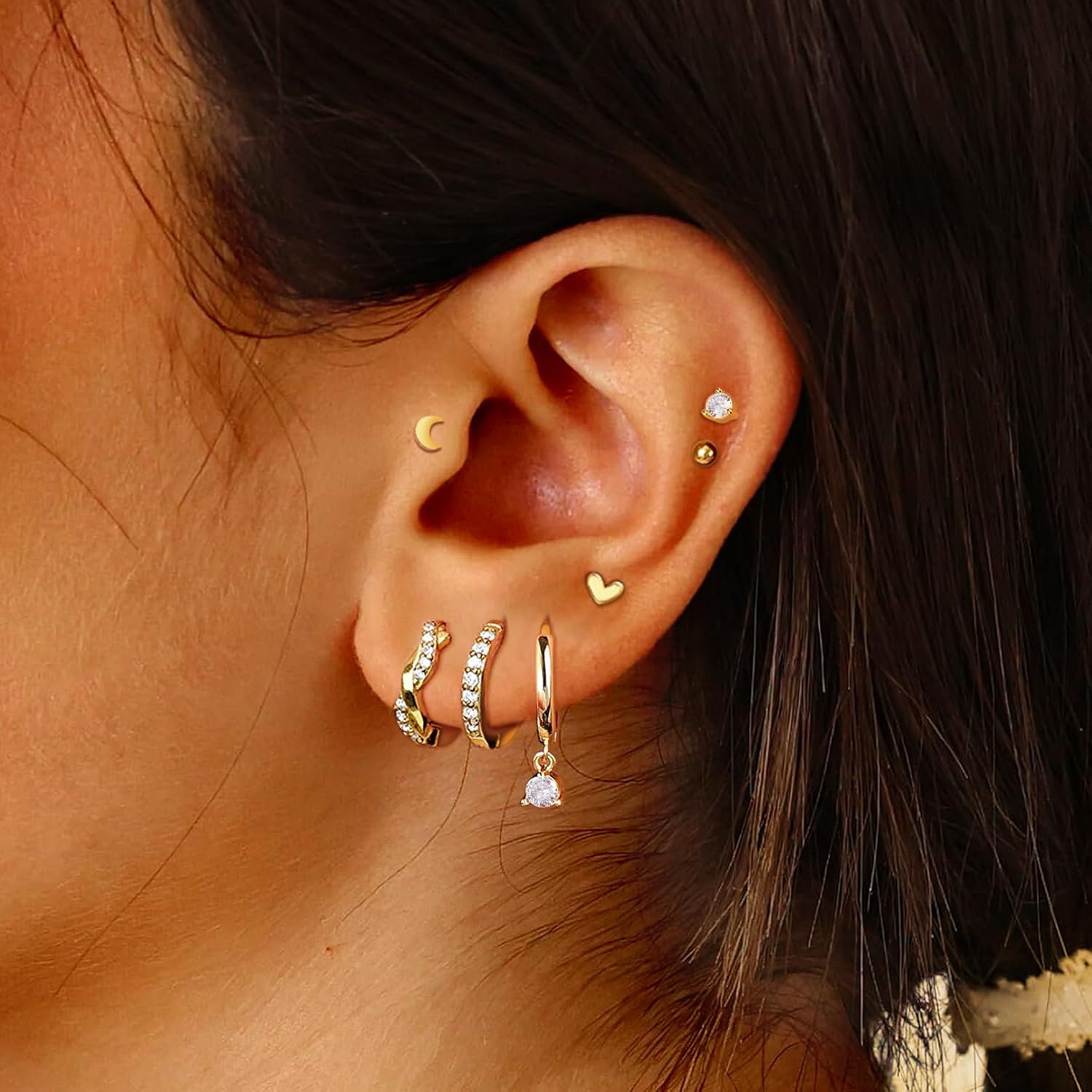 7 Pairs 14K Gold Plated Huggie Hoop Stud Earrings for Women, Twisted CZ Chunky Hoop Earring Mini Heart Moon Cartilage Studs for Multiple Piercing Stainless Steel Stacks Trendy Jewelry Set - Image 4