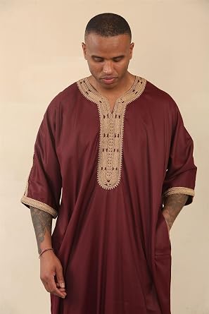 Men's Marron Moroccan Thobe Short Sleeve Gandoura Gold Embroidery Kaftan Jubba