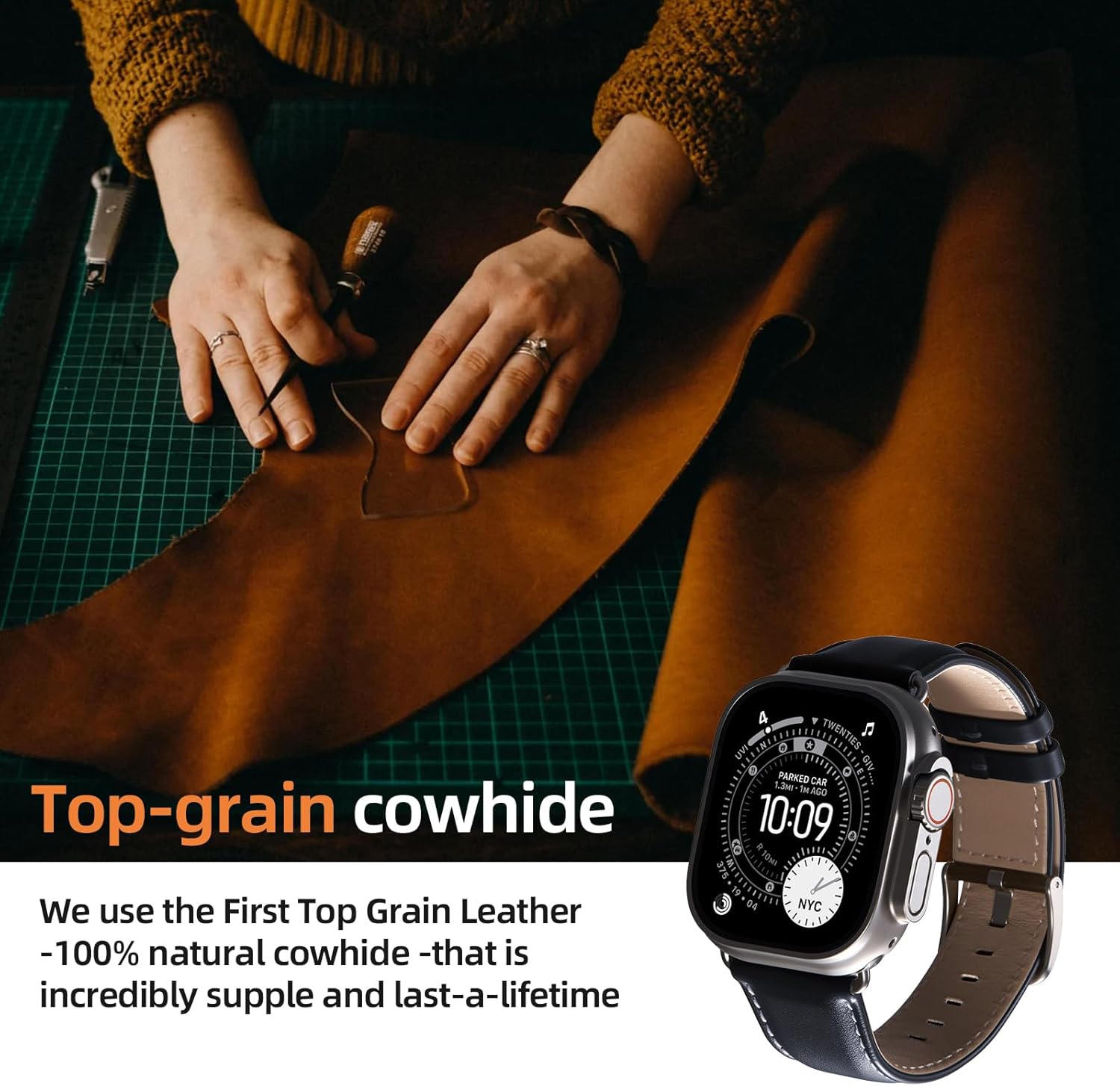 BESTSURE Leather Band Compatible with Apple Watch for Men and Women, Classic Genuine Leather Watch Strap, Fits Ultra/SE/Series 11–3(49/46/45/44/42mm), Navy Blue - Image 2