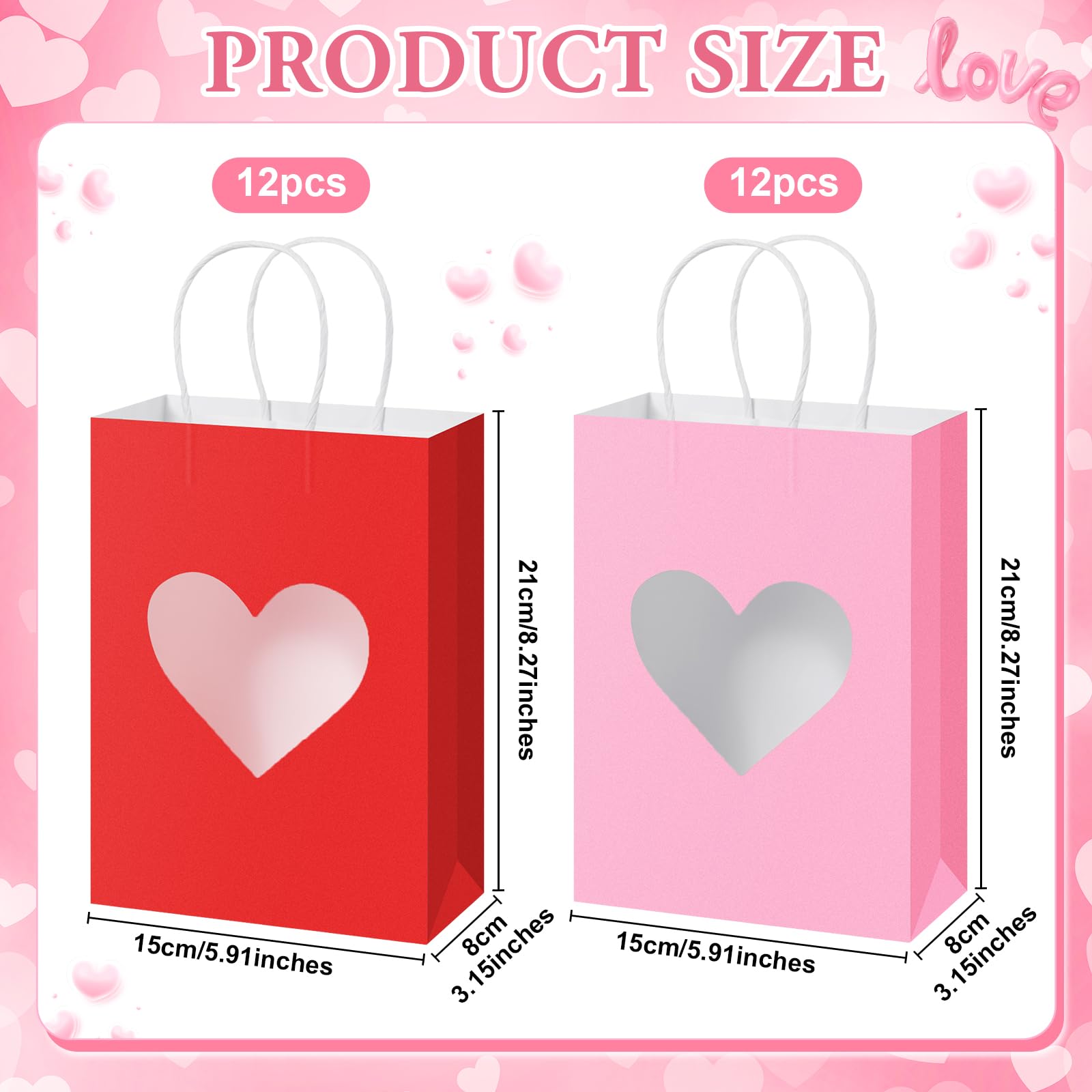 Gilprop 24 Pcs Red Pink Paper Gift Bags with Heart Clear Window & Handles, Treat Bags Bulk for Mother's Day, Galentines Party, Wedding Favor, Bridal Shower Packaging for Candy Cookies (Red Pink)