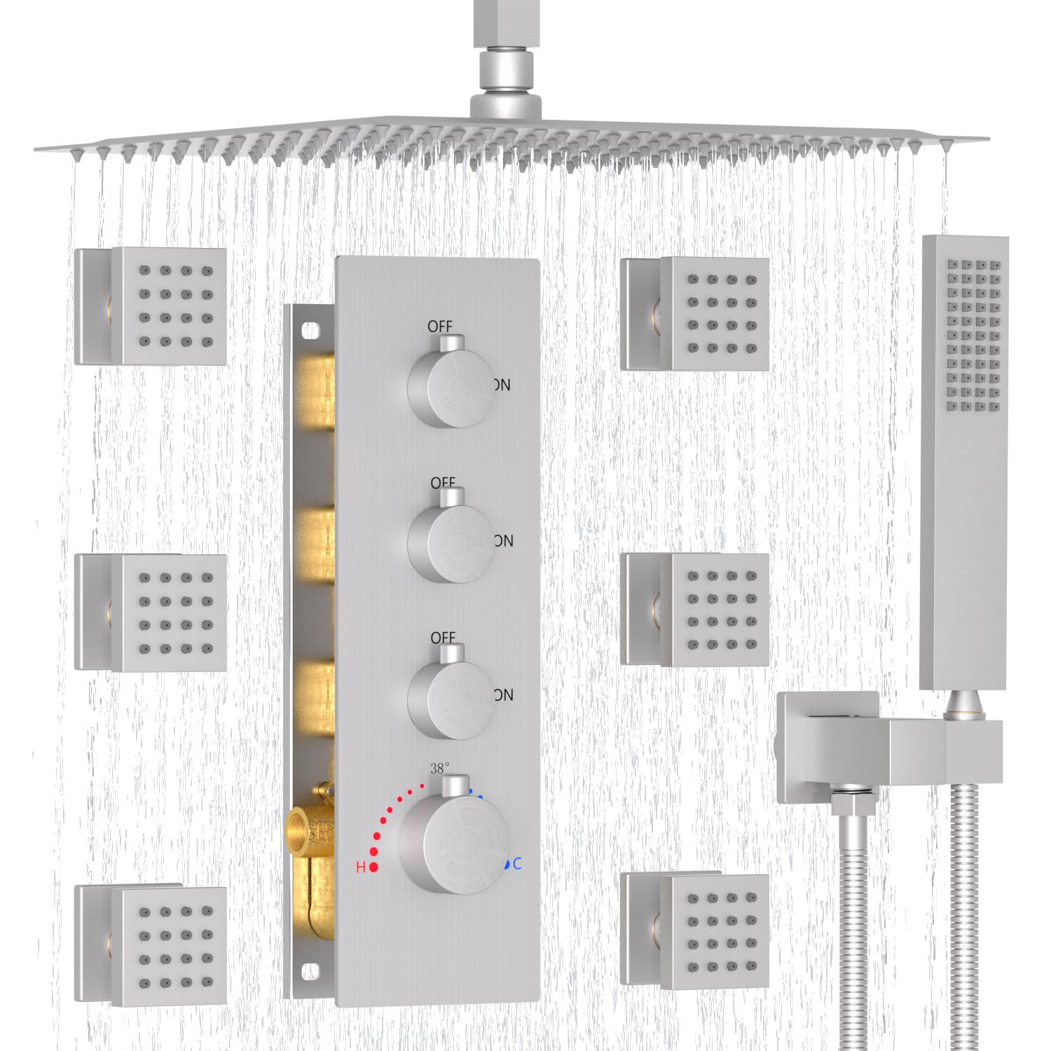 Enga 16inch Thermostatic Rain Shower System with Body Spray Jets Ceiling Mount Brushed Nickel Shower Faucet Set with Valve Each Function Work All Together and Separately