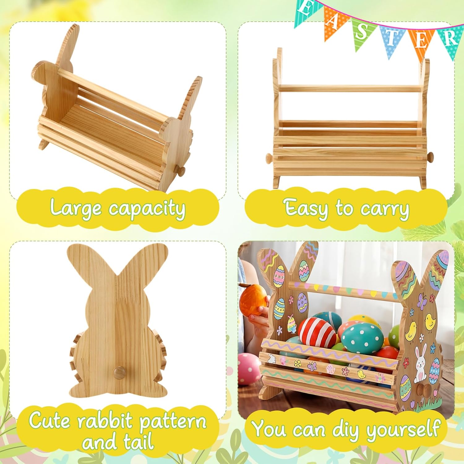 Leinuosen Wood Bunny Easter Egg Hunt Basket 13.7 Inch DIY Easter Rabbit Garden Hod Basket with Handle, Mother's Day Gift Bunny Ear Egg Hunt Organizer for Gardening Picnic Table Decor(Wood)