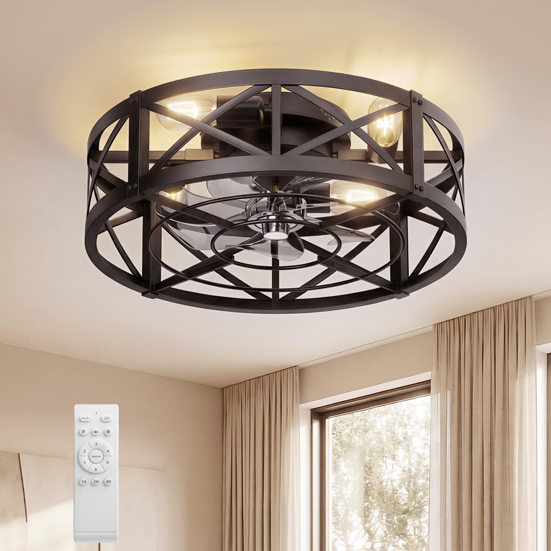 Photo 1 of Caged Ceiling Fan with Light and Remote, 20" Low Profile Flush Mount Ceiling Fans with Light, 6 Speed, Timing, Reversible DC Motor, Small Farmhouse Fan Lights for Bedroon Kitchen Living Dining Room