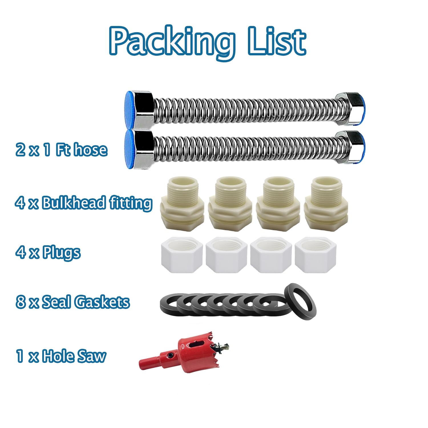 Juego de 2 conectores de barril de lluvia, kit de conector de barril de lluvia con manguera de acero inoxidable 304 de 12 pulgadas, accesorios de mamparo de 3/4 pulgadas con tapones y sierra