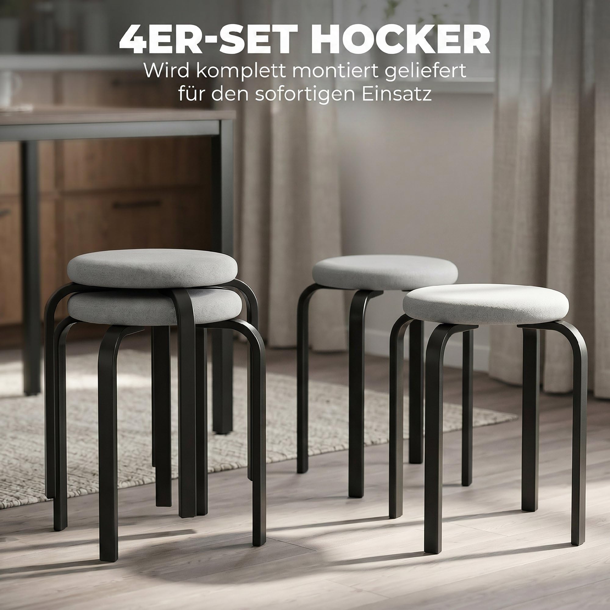 HOMCOM Esszimmerhocker 4er Set Stapelhocker mit Stahlbeinen Grau