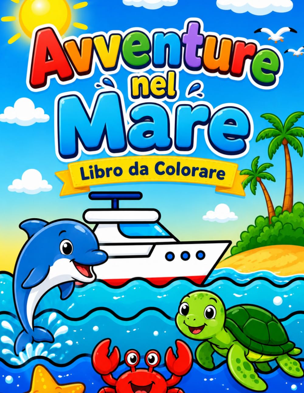Avventure nel Mare - Libro da Colorare: Oltre 30 disegni semplici e divertenti di animali marini, spiagge e avventure estive per bambini dai 3 ai 6 anni