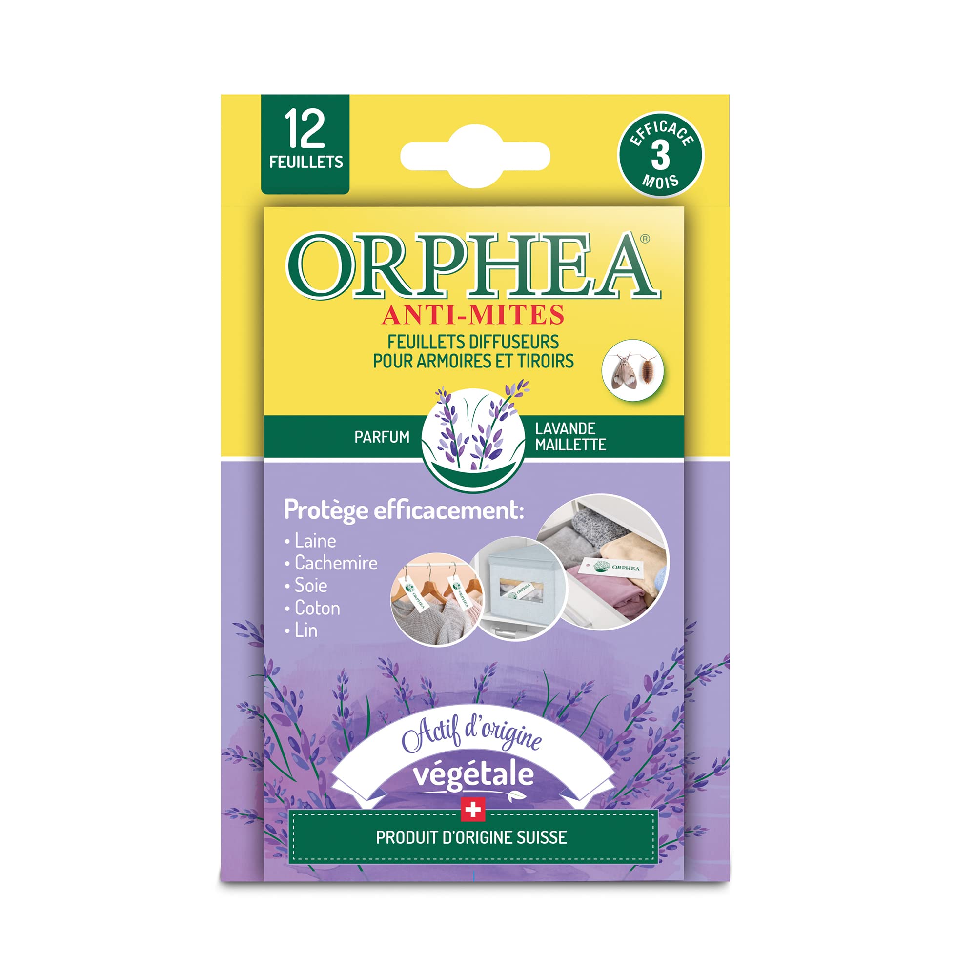 Orphea - Anti Mites Textile, Feuillets Diffuseurs pour Armoires et Tiroirs Naturel, Parfum Bois de Lavande. Anti Mites Ideal pour Vetements, Il agit Immediatement - Durée 3 Mois (6x12 Pieces)