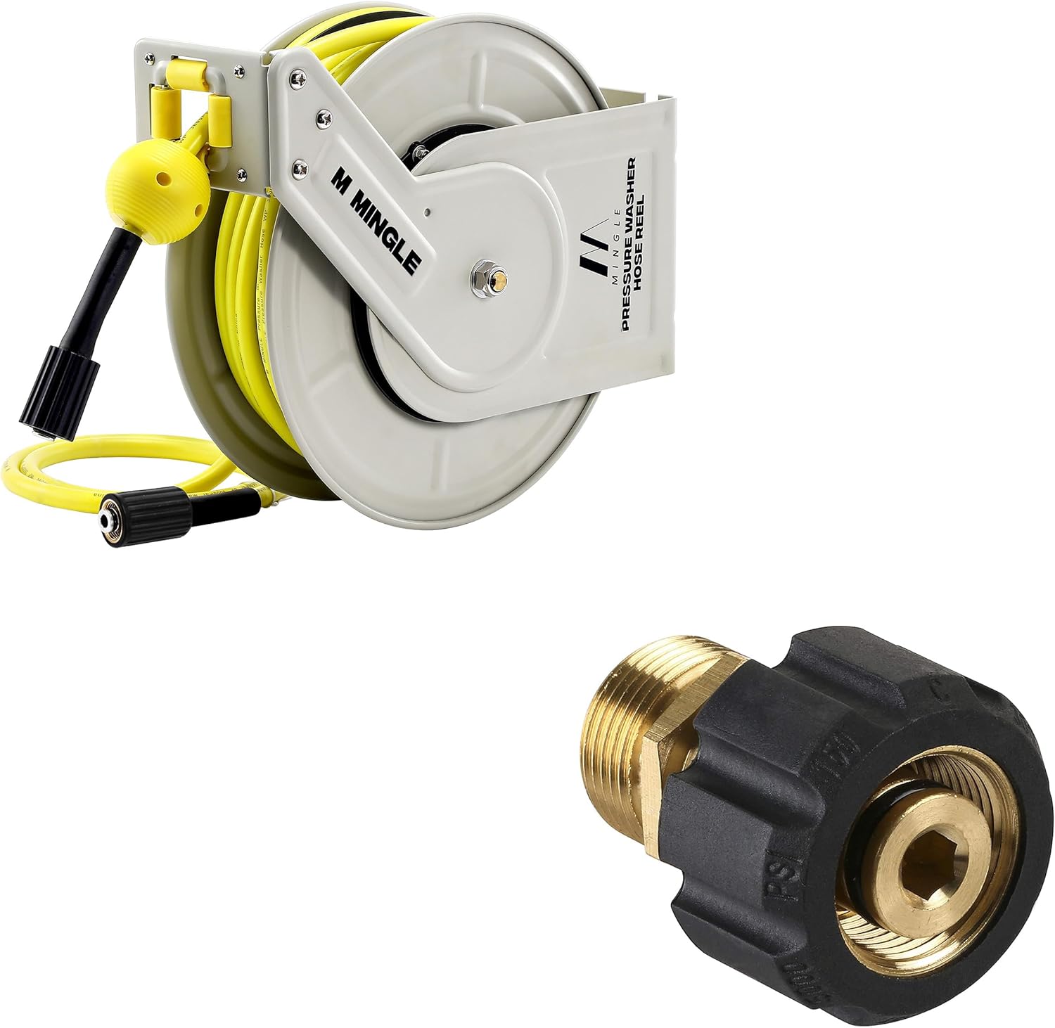 M MINGLE Retractable Pressure Washer Hose Reel, Pressure Washer Adapter