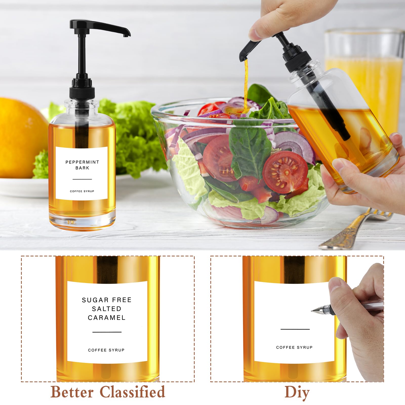 Dispenser per Sciroppo di Caffè, Distributore per Bottiglia di Vetro con Pompa, Flaconi in Vetro da 500 ml con 36 Etichette e un Imbuto per bar, Cucine, Caffè, Ristoranti e Barbecue