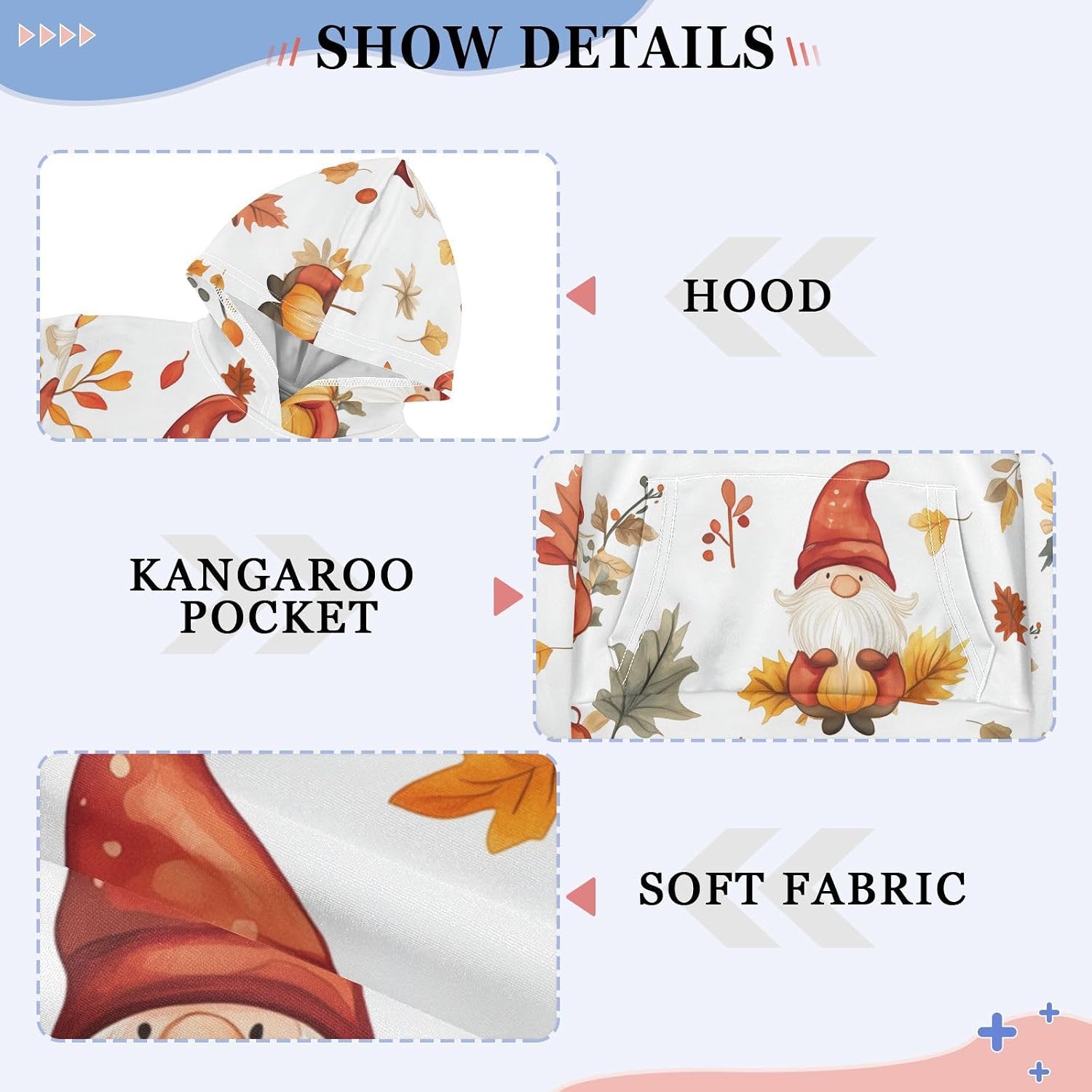 ZZXXB Autumn Gnome Pumpkin Kids Sweatshirts Boys Girls Hooded Kangaroo Pocket Pullover Tops XS-XXL